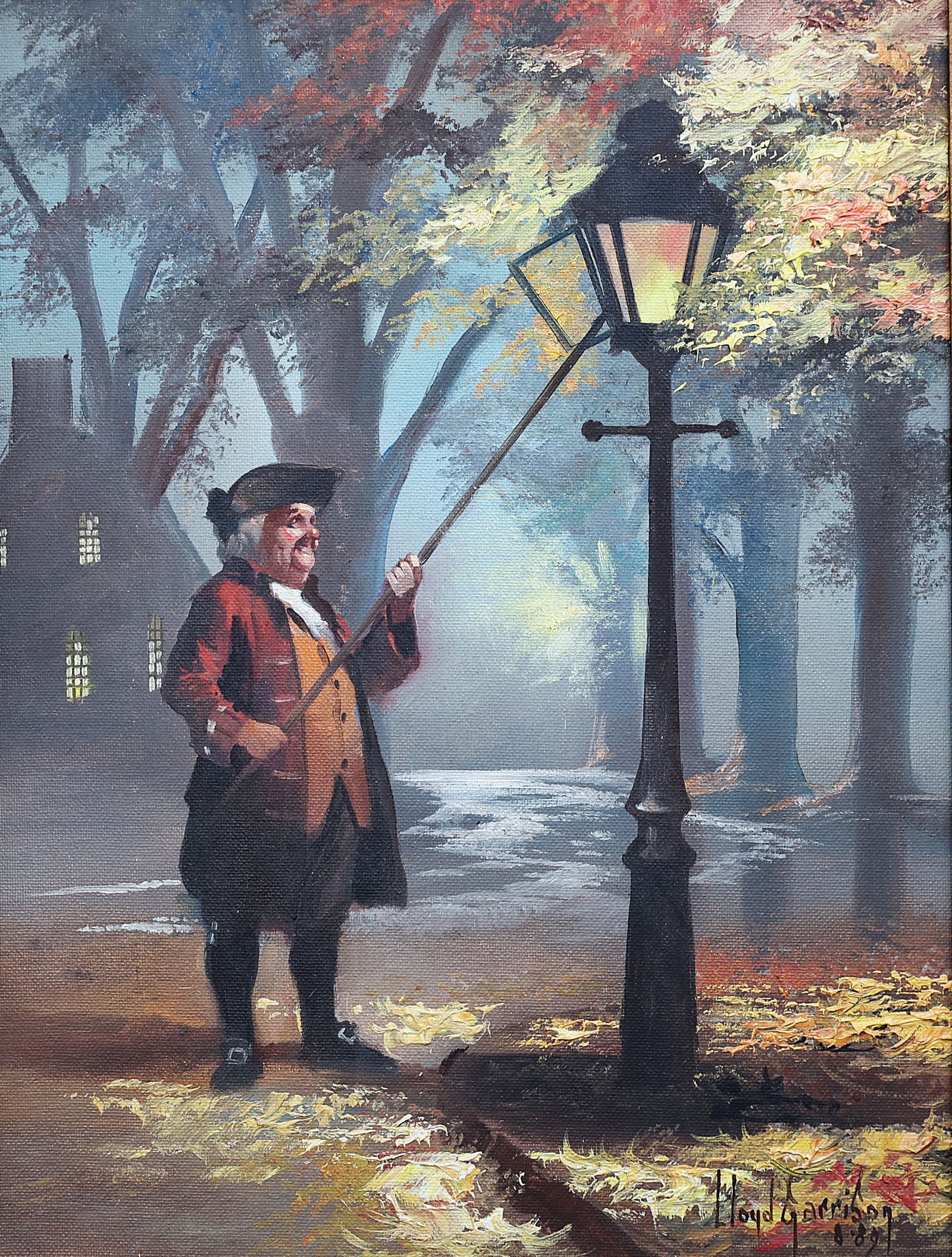 Lloyd Garrison, 20th C. American, Oil on Board Painting, Colonial Man Lamplighter: Size: image 12 inches x 16 inches ; outer frame 17.25 inches x 21.25 inches