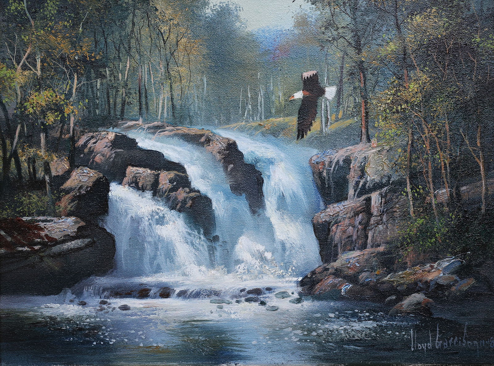 Lloyd Garrison, 20th C. American, Oil on Canvas Painting, Stream With Waterfalls: Size: image 12 inches x 16 inches ; outer frame 17 inches x 21 inches