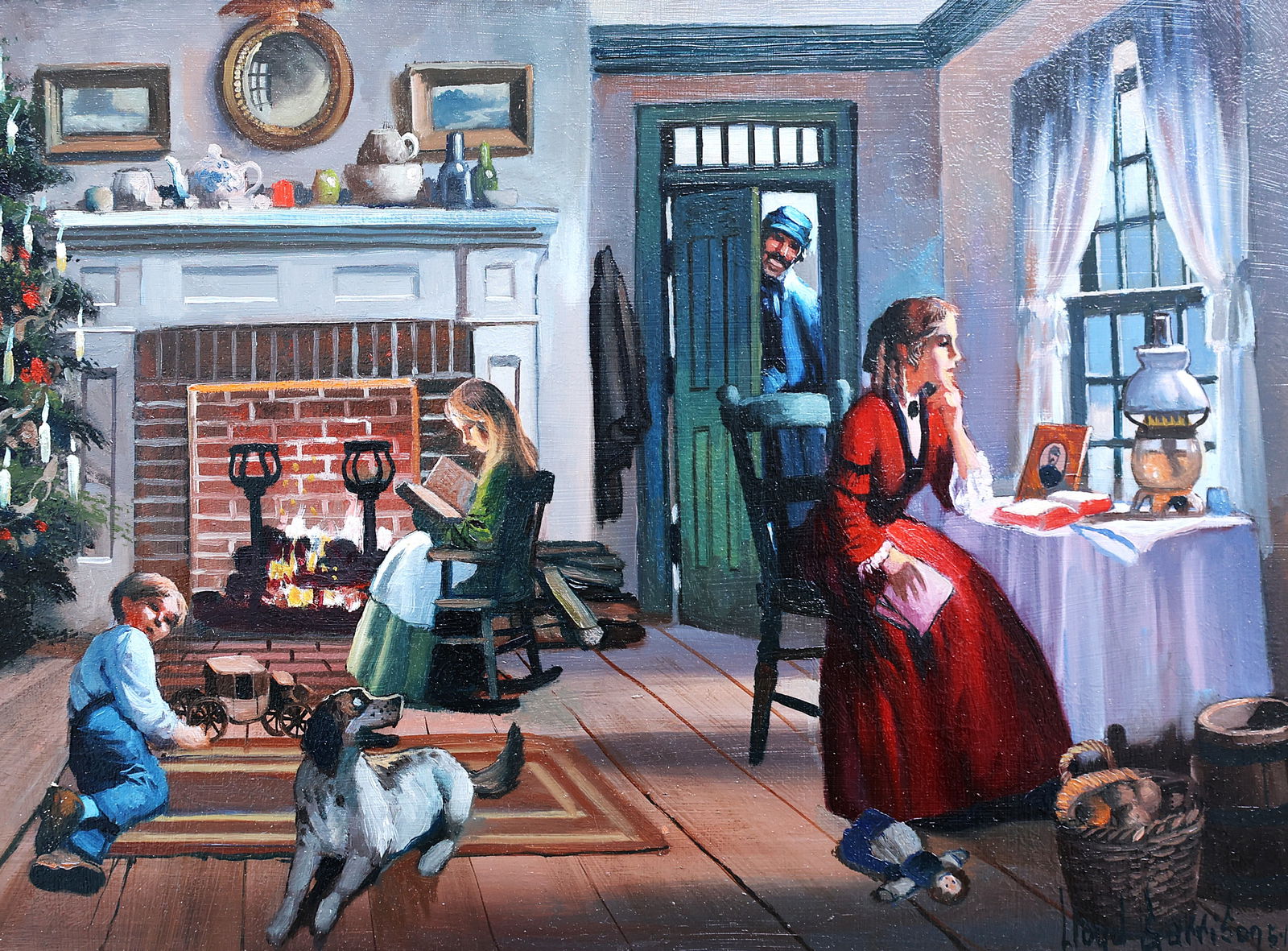Lloyd Garrison, 20th C. American, Oil on Board Painting Colonial Home Interior with Family: Size: image 12 inches x 16 inches ; outer frame 17.25 inches x 21.25 inches