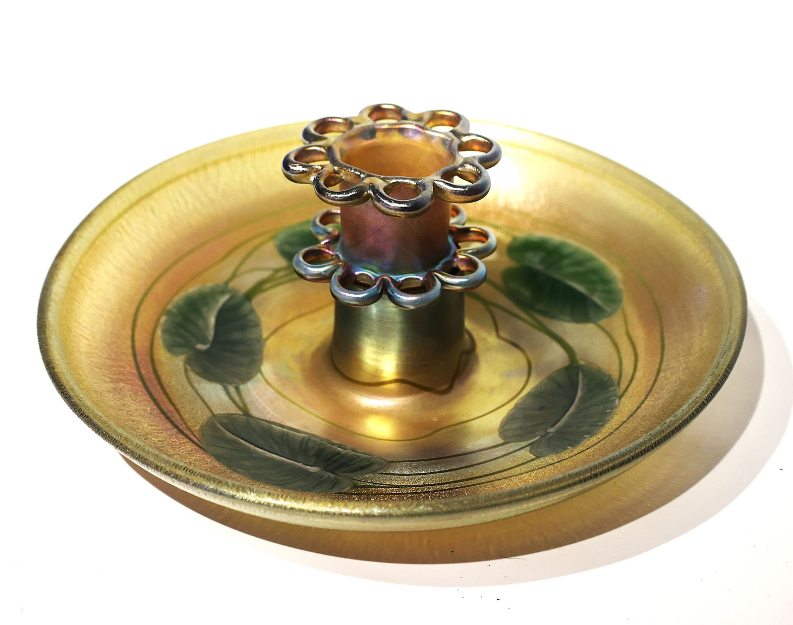 L. C. Tiffany Favrille Signed and Numbered Flower Frog Bowl, "Leaf and Vine" centerpiece bowl (1 of 13)