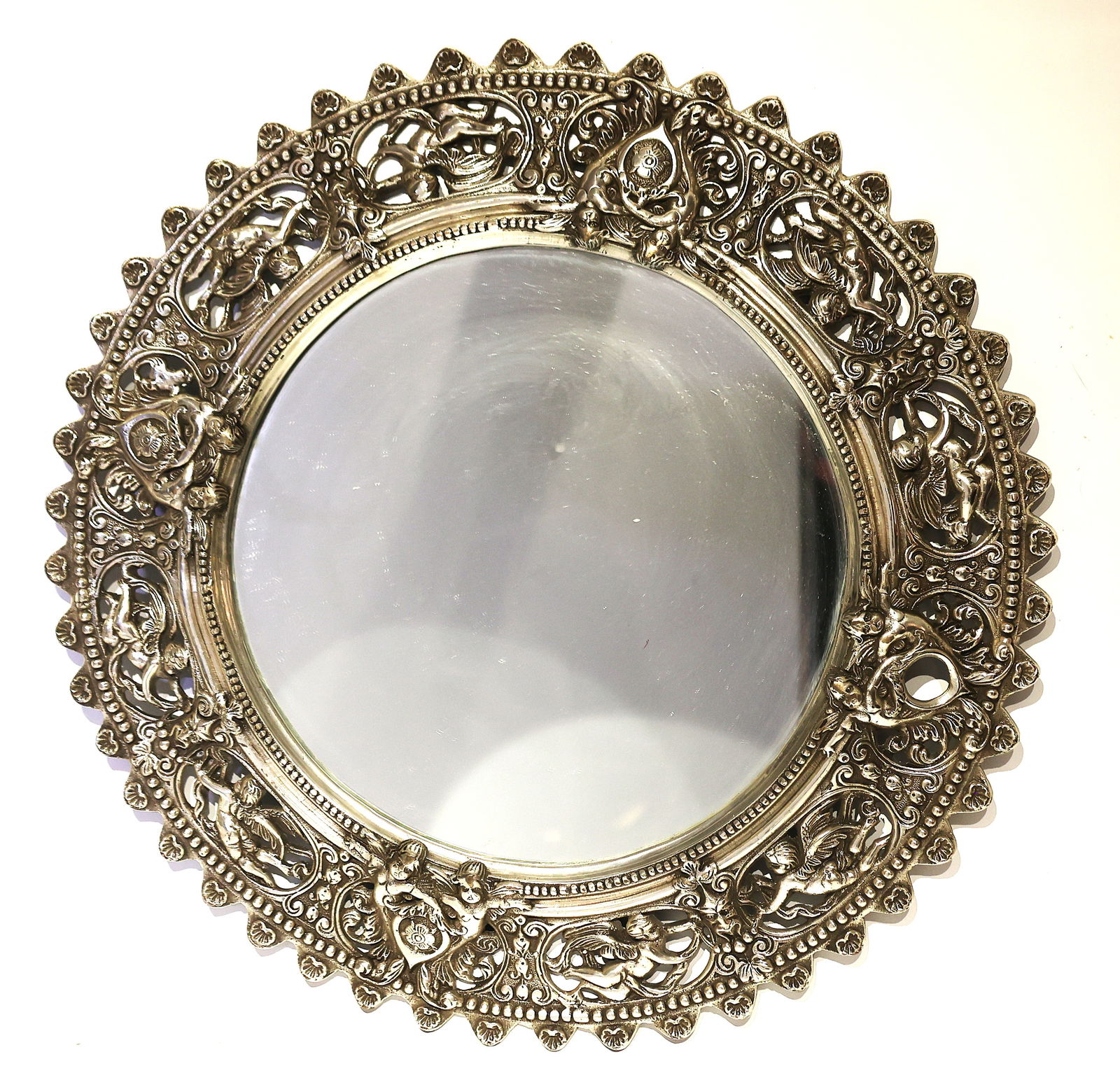 Ornate Rococo Style Round Cast Metal Wide Framed Wall Mirror, Nickle Plated, Cherubs Design (1 of 7)