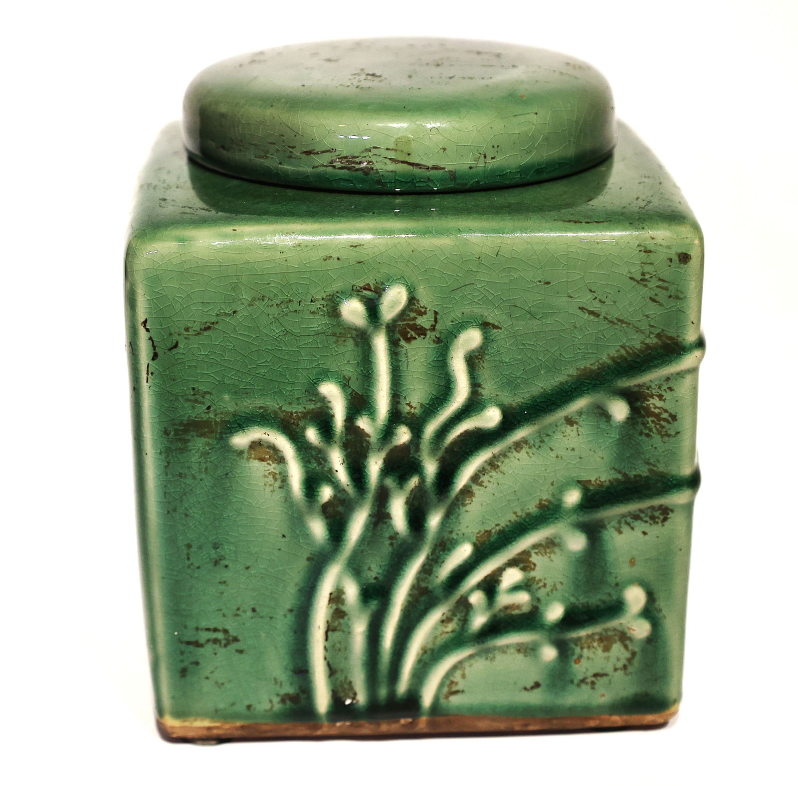 Green Majolica Jar with Cover Tea Box 6.5 inches height (1 of 5)