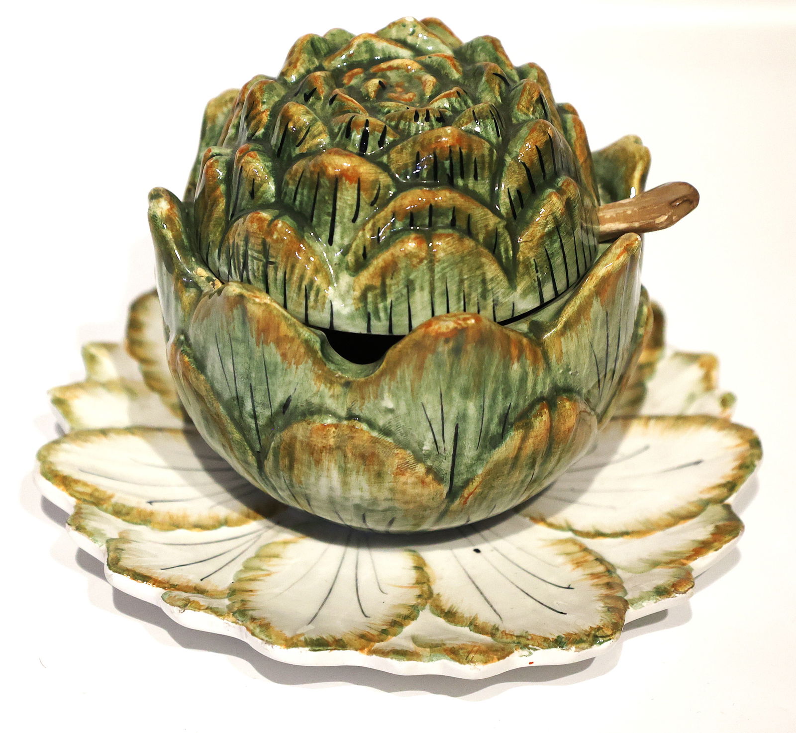 Italian Majolica Jar Sauce Bowl Shaped like an Artichoke , 4.5 in. height x 6.25 diameter base (1 of 5)