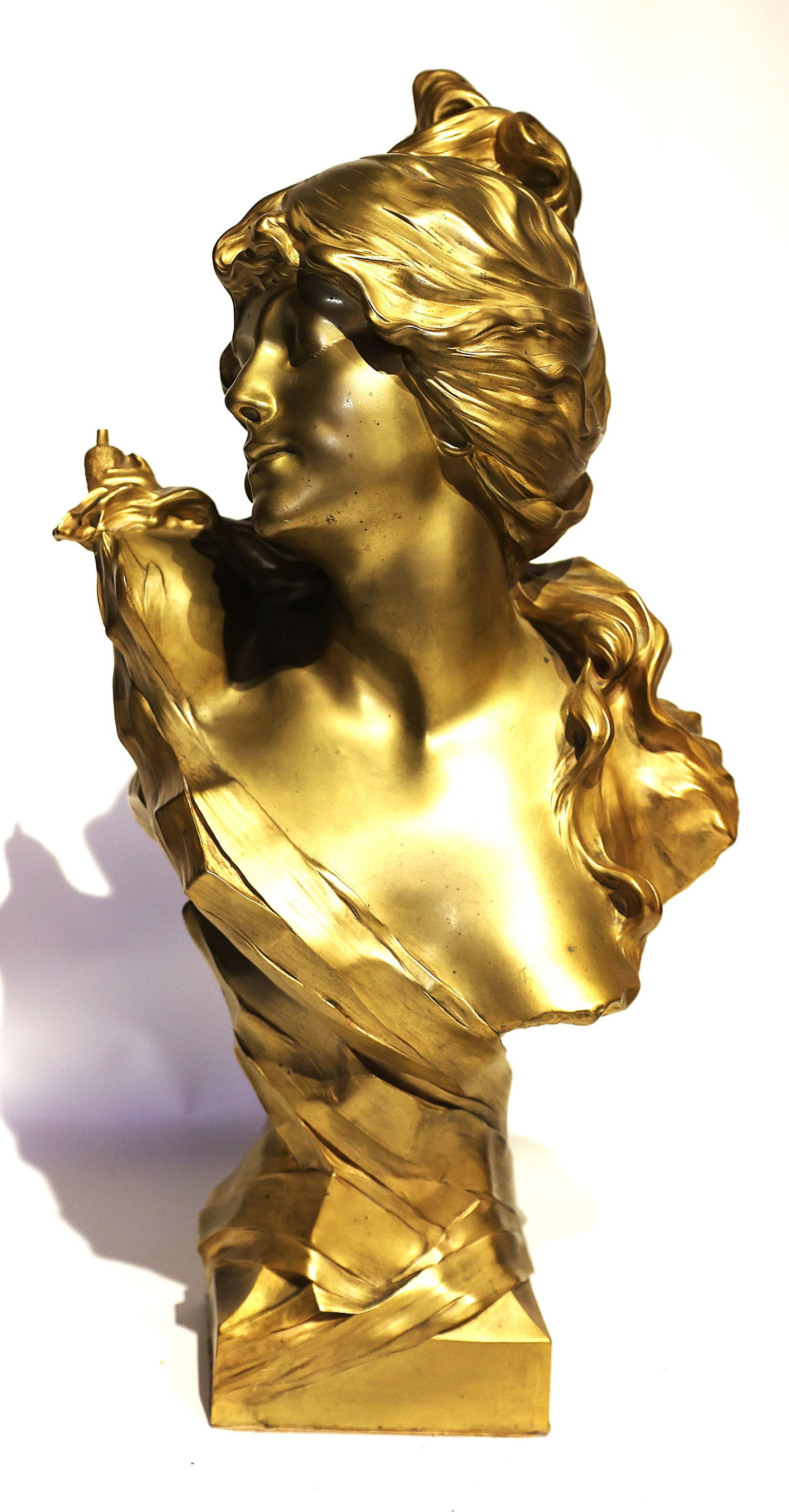 Charles Leonard, 19th C. Art Nouveau Bronze Dore Bust of a Young Woman, Signed, Susse Foundry (1 of 10)