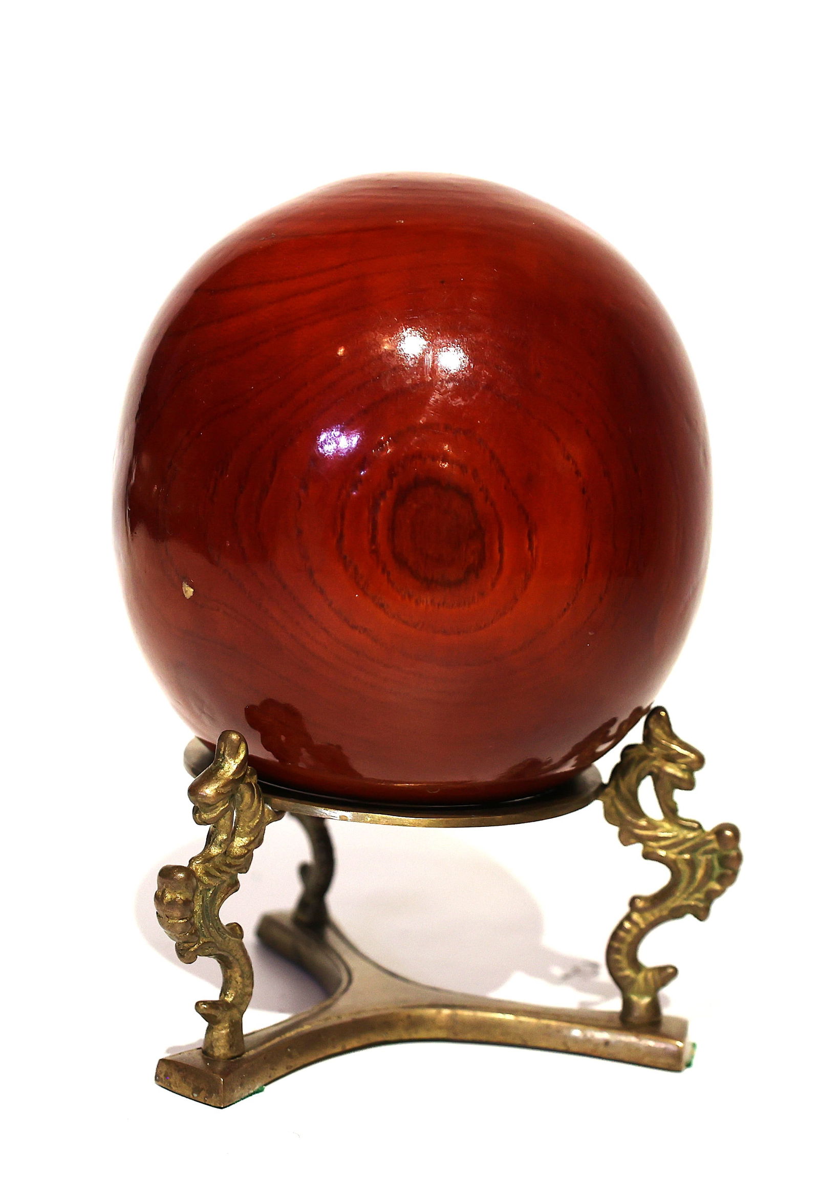 Decorative Polished Wooden Orb Resting on a Handcrafted Brass Pedestal Stand (1 of 6)