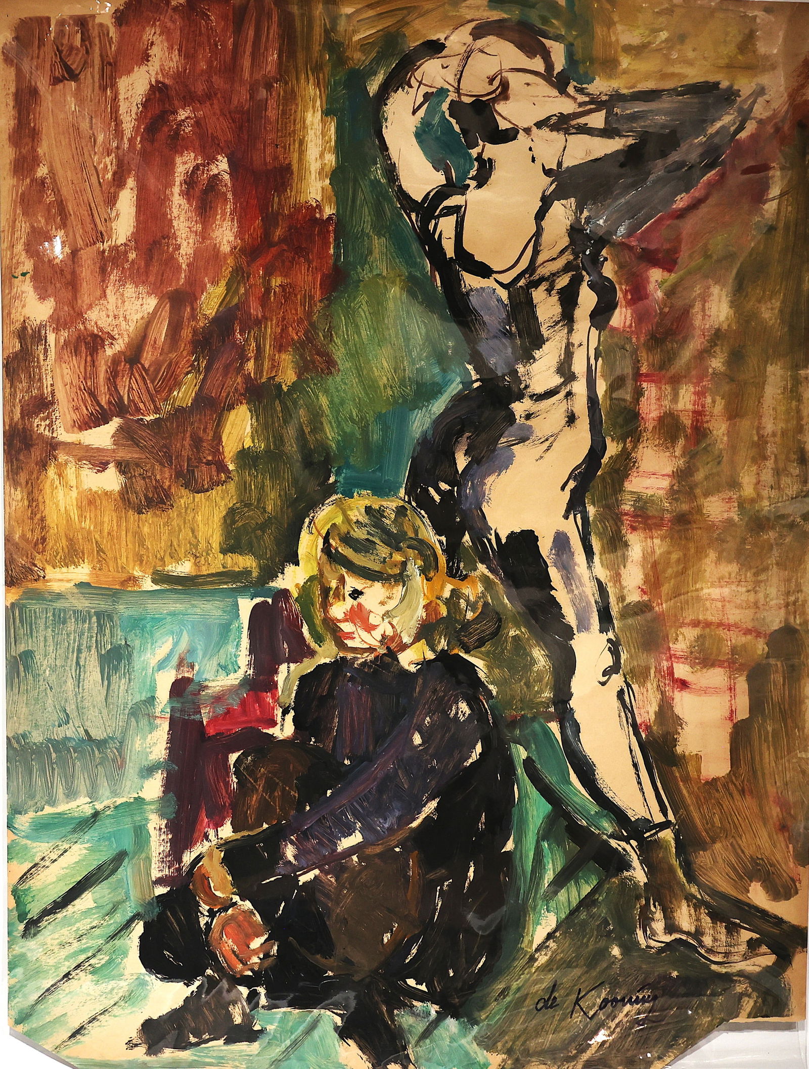 Elaine De Kooning, Gouache on Paper, Seated Figure in the Foreground and a Standing Nude Figure: Elaine De Kooning, Gouache on Paper, Seated Figure in the Foreground and a Standing Nude Figure. Signed de Kooning. Size 23.75 inches x 18 inches ;' 1918 New York City - 1989 New York City. Known for: