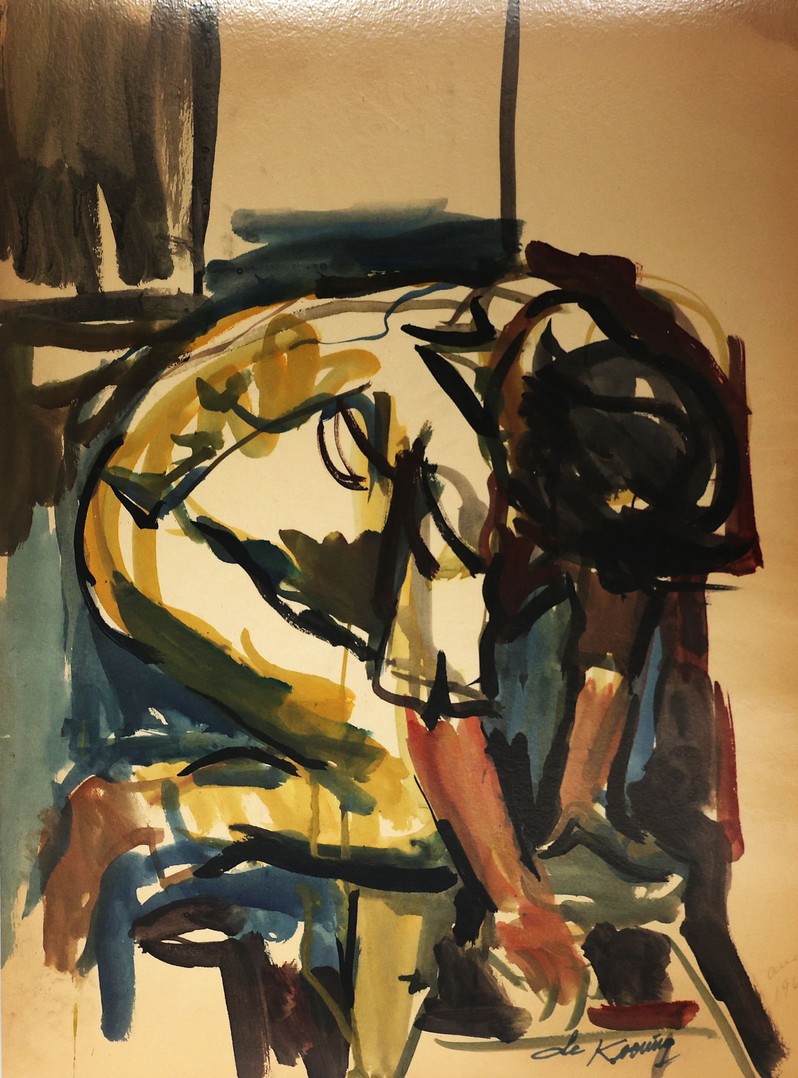 Elaine De Kooning, Gouache on Paper, Figure Bending Over: ; Elaine De Kooning, Gouache on Paper, Figure Bending OverSize 23.75 inches x 18 inches ; 1918 New York City - 1989 New York City. Known for: Abstract figure, genre and portrait paintingBiography from