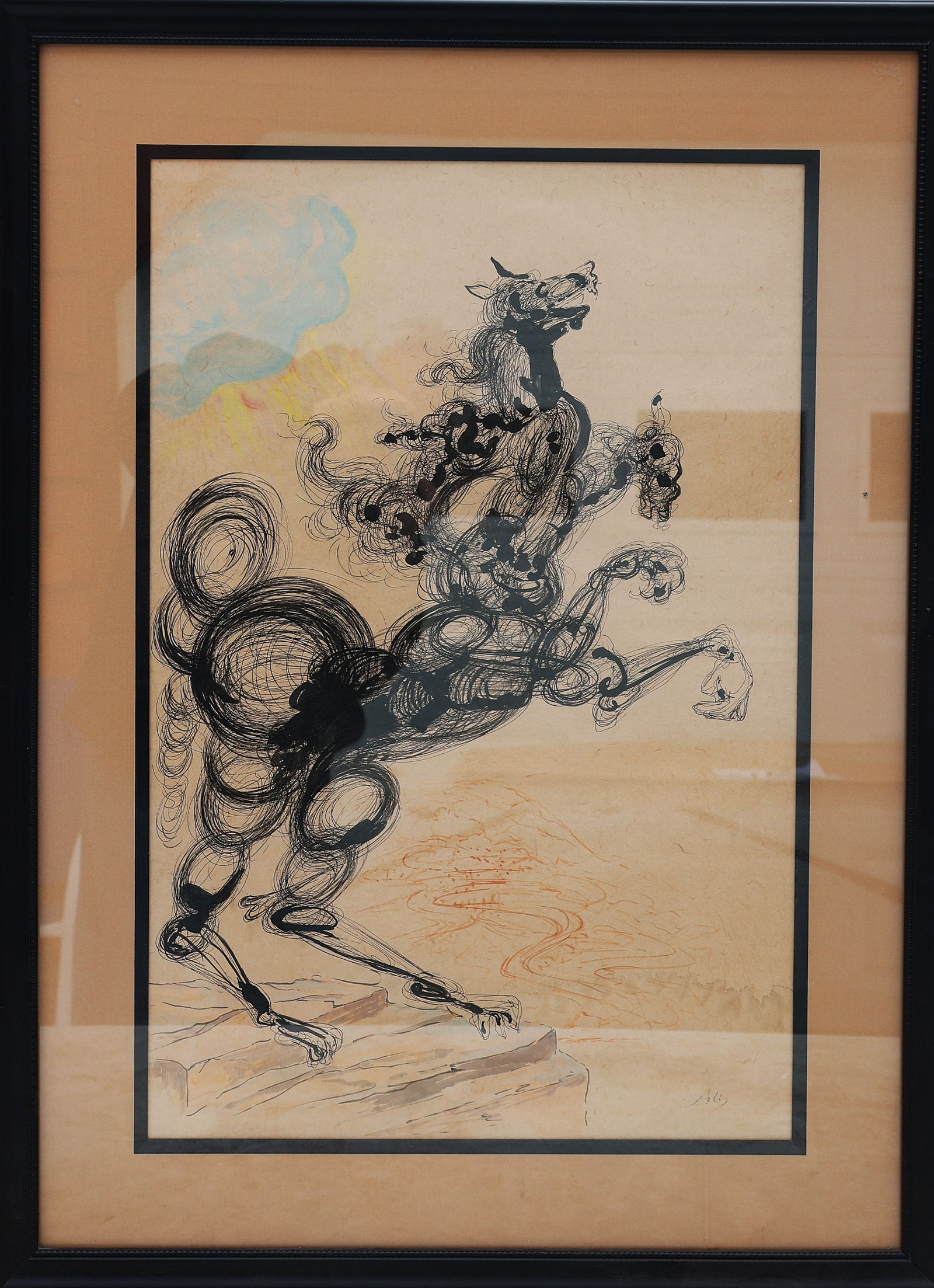 Salvador Dali, Important Watercolor and Ink on Paper, Rearing Horse, Signed, Framed: Salvador Dali, Important Watercolor and Ink on Paper, Rearing Horse, Signed, Framed. Size image 28.5 inches x 19 inches; outer frame 38 inches x 28.5 inches ; Salvador Dali was born May 11, 1904 in Fi