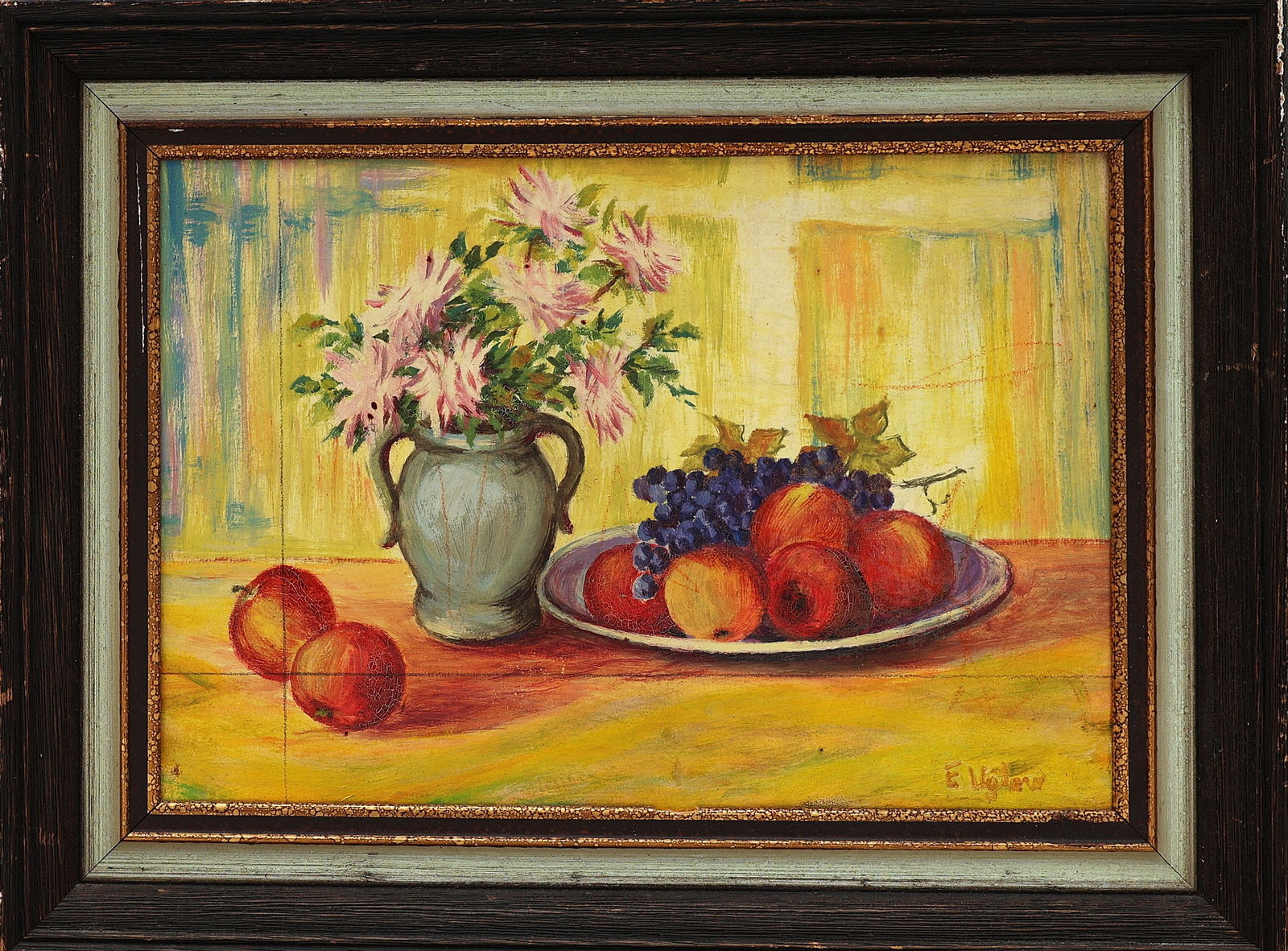 Euan Uglow [1932-2000 England], Oil on Canvas Painting Still Life "Fruits and Flowers": Euan Uglow [1932-2000 England], Oil on Canvas Painting Still Life "Fruits and Flowers". Size image 11 inches x 16 inches; outer frame 16 inches x 21 inches ; uan Uglow was born March 10, 1932 in Londo