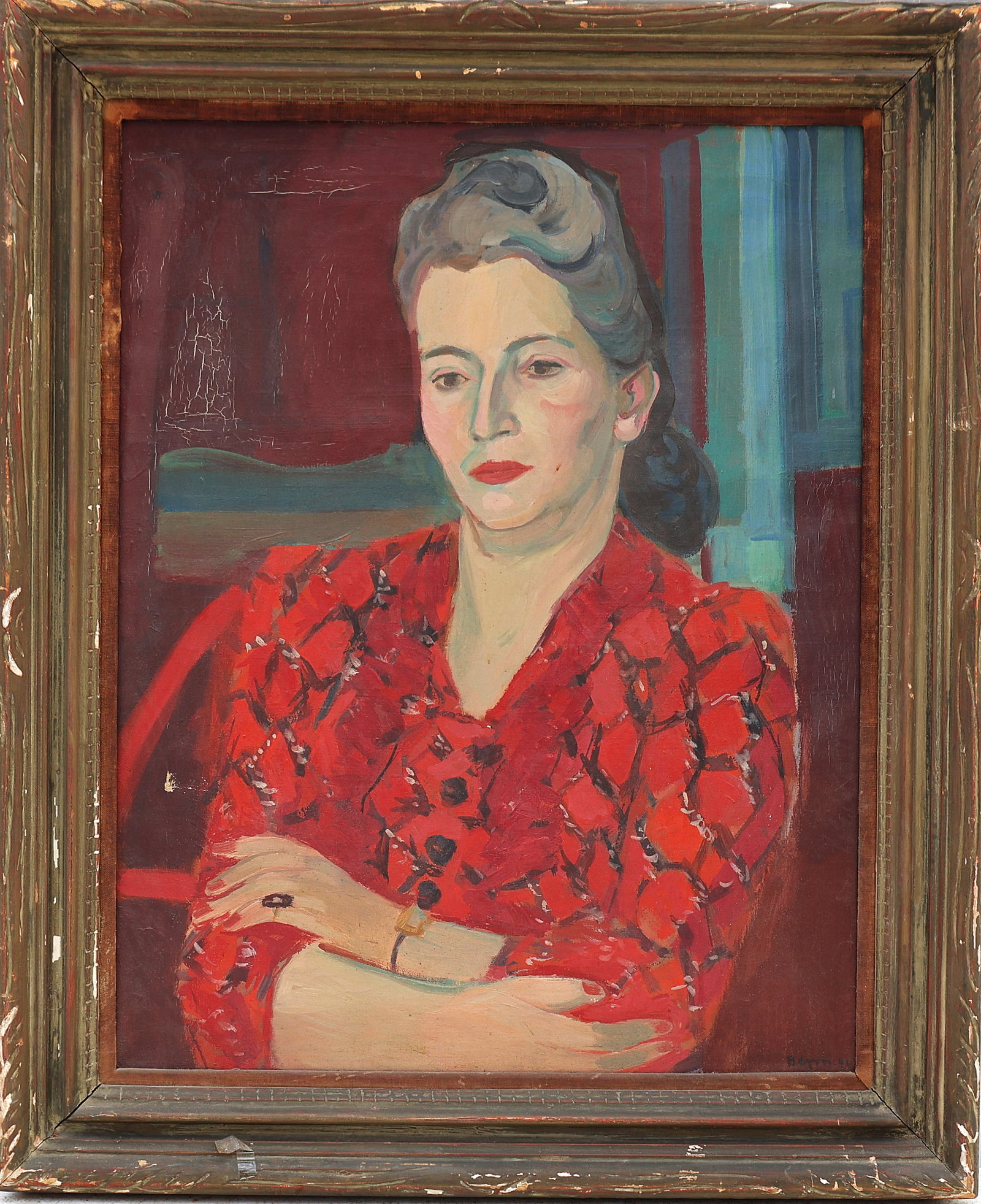Ben Benn 1941, Oil on Canvas Painting, Portrait of Woman in Red Blouse, Framed: Size: image 28 inches x 22 inches ; outer frame 36 inches x 30 inches ; Ben Benn (1884-1983 Russian / American)Benn Benn was a pioneer American modernist whose independent style defied stylistic