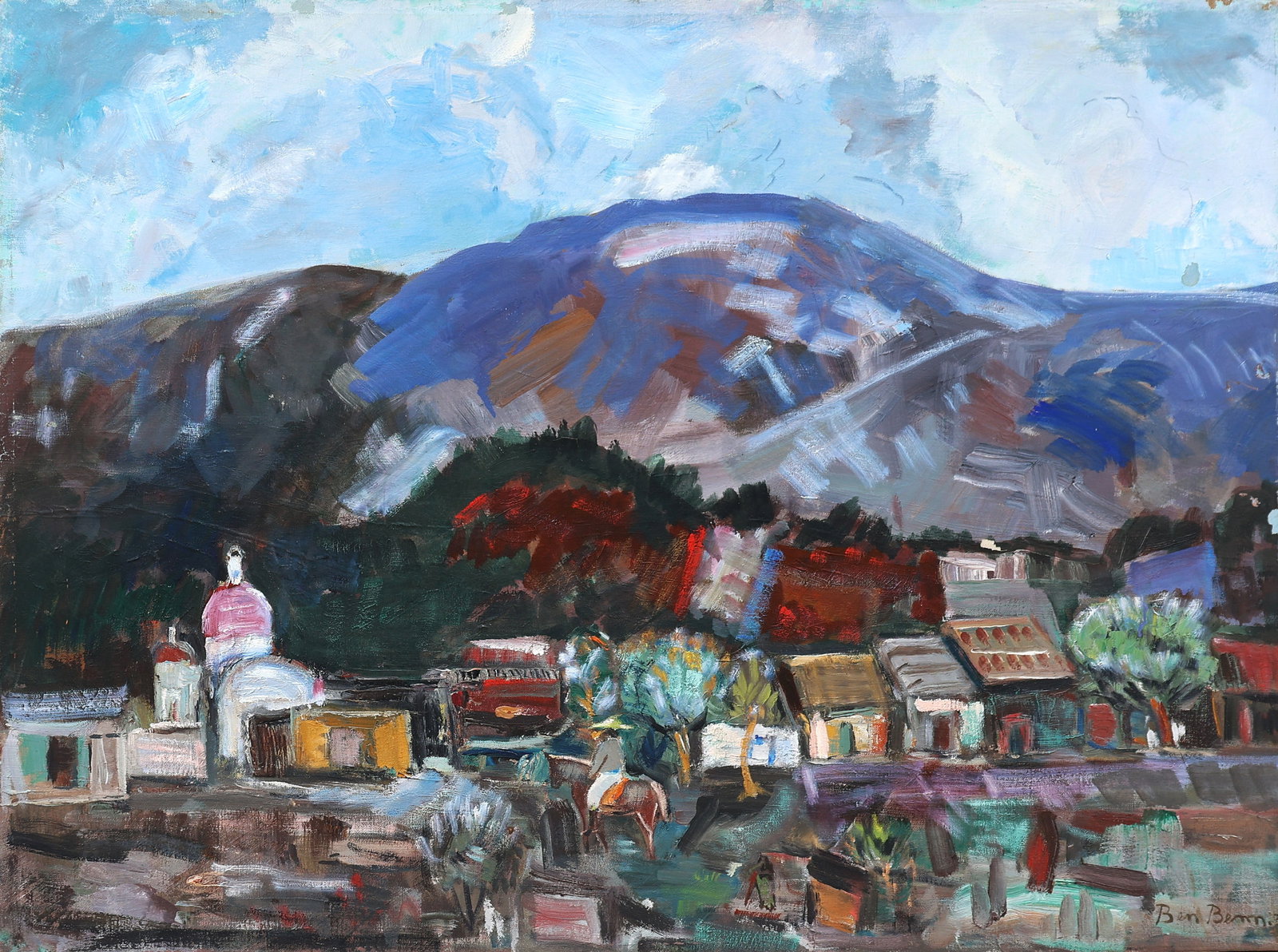Ben Benn 1938, Oil on Canvas Painting Town in Mountainous Valley: Size: image 21.5 inches x 28.75 inches; Ben Benn (1884-1983 Russian / American)Benn Benn was a pioneer American modernist whose independent style defied stylistic classification. Despite excursions