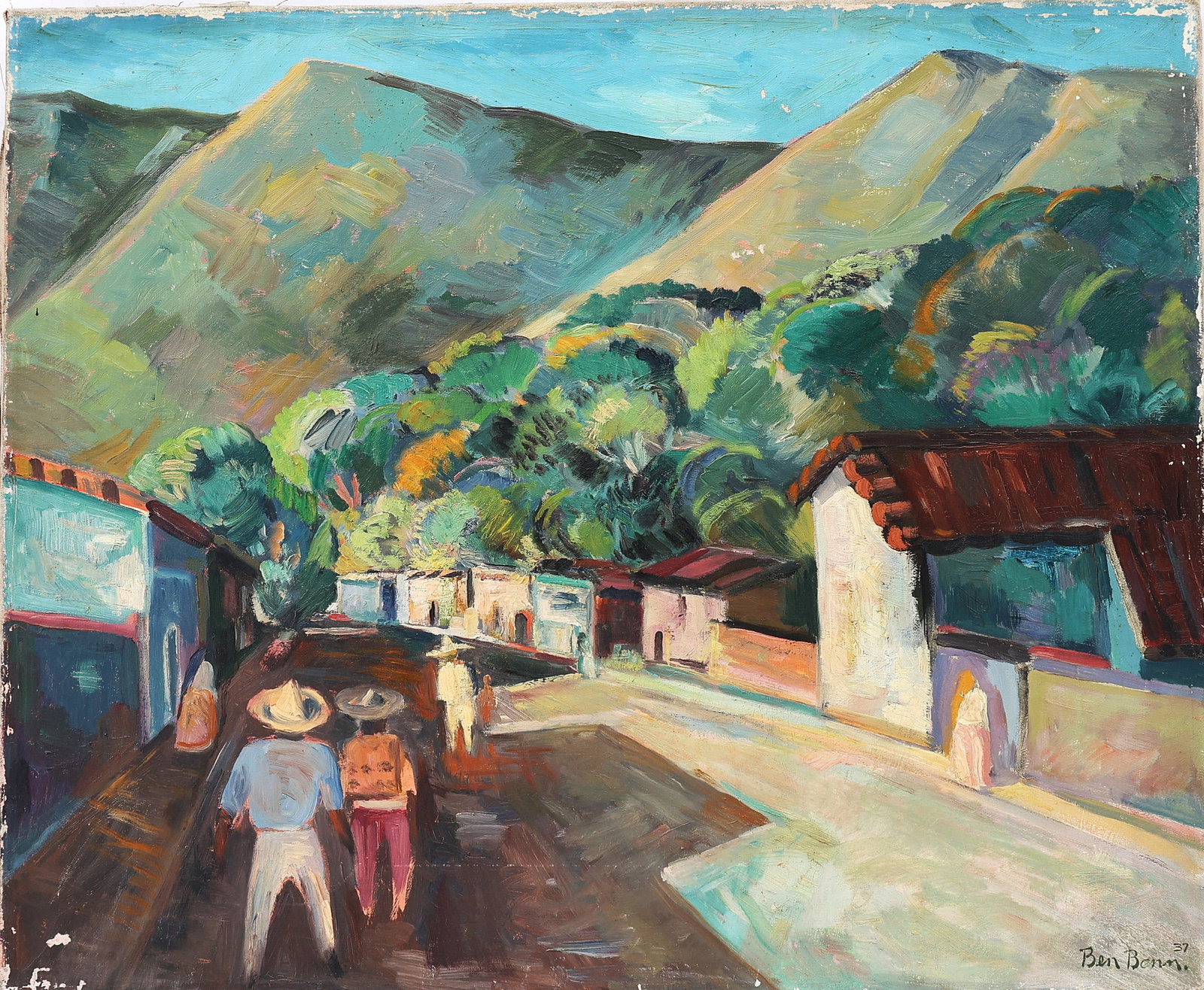 Ben Benn 1937, Oil on Canvas Painting , South American Landscape with Figures: Ben Benn 1937, Oil on Canvas Painting , South American Landscape with Figures. Size: image 23.5 inches x 28.75 inches ; Ben Benn (1884-1983 Russian / American)Benn Benn was a pioneer American