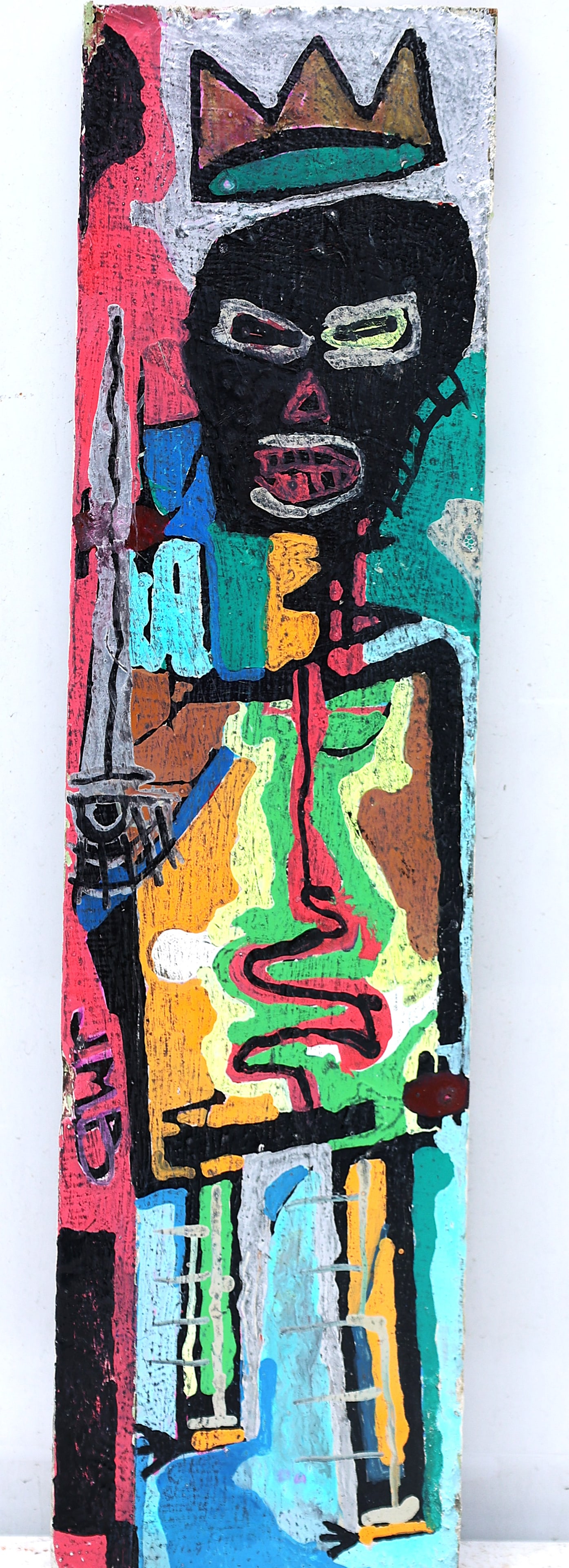 Jean-Michel Basquiat 1960-1988 NYC, Mixed Media Oil on Wood Panel Abstract Figure, Signed (1 of 4)