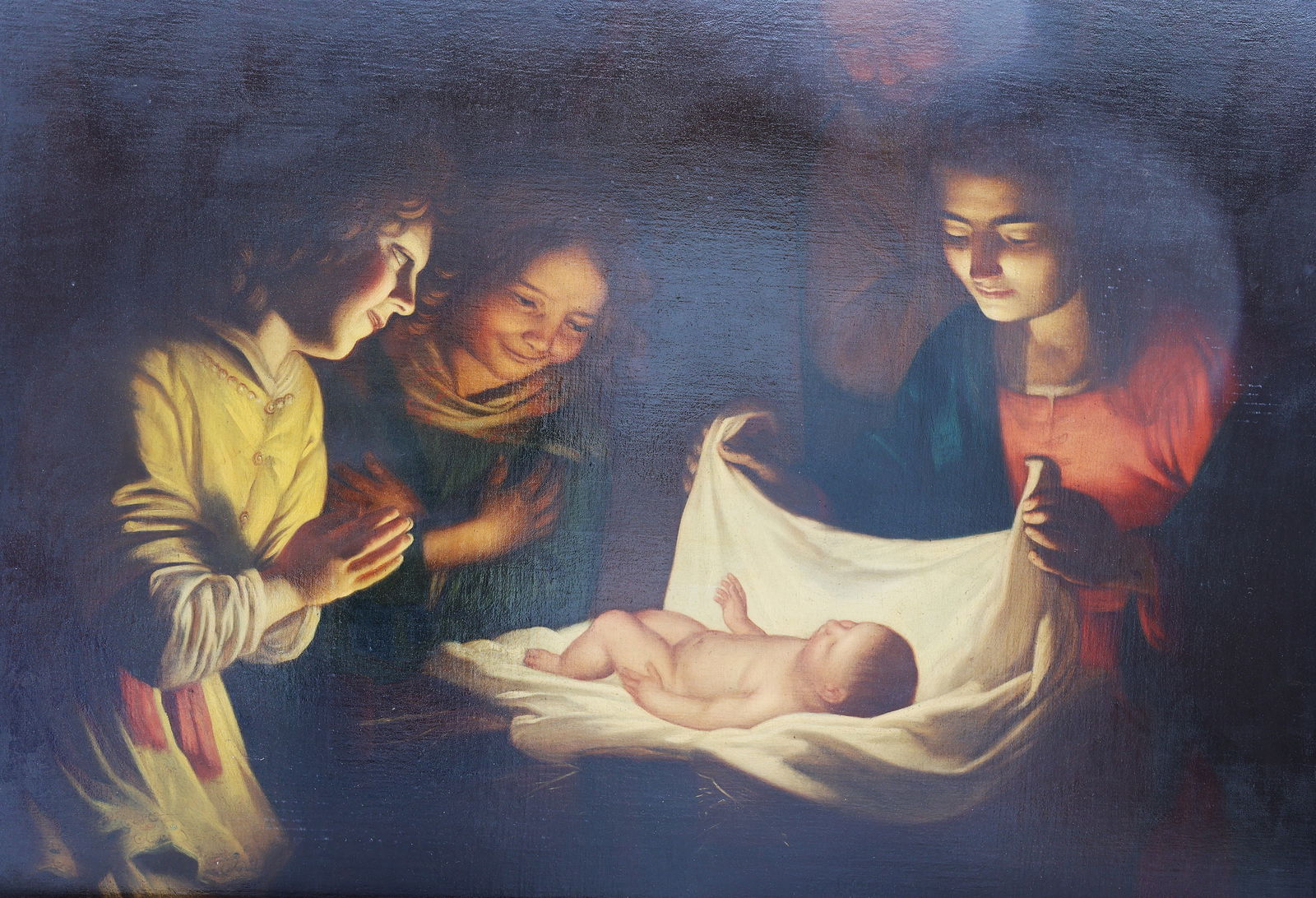 Religious Scene with Mother and Baby, Oil on Canvas Mounted on Board after Gerrit van Honthorst: Religious Scene with Mother and Baby, Oil on Canvas Mounted on Board, Framed, after Gerrit van Honthorst, a Dutch painter; Size: image 37.75 inches x 51.5 inches ; outer frame 39.5 inches x 53.75 inch