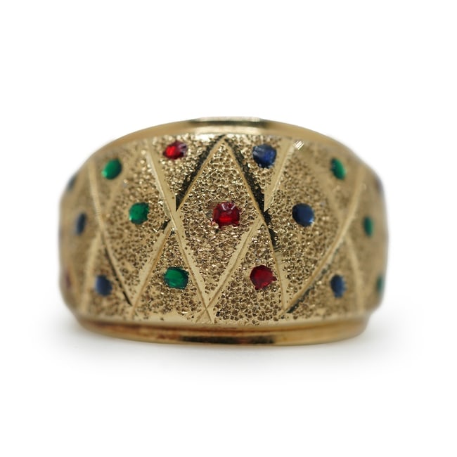 2.39 DWT 14K Gold With Green, Red and Blue Stones Band Ring Size 6 ; 3/4 in. x 1/2 in.: 2.39 DWT 14K Gold With Green, Red and Blue Stones Band Ring Size 6 ; 3/4 in. x 1/2 in.