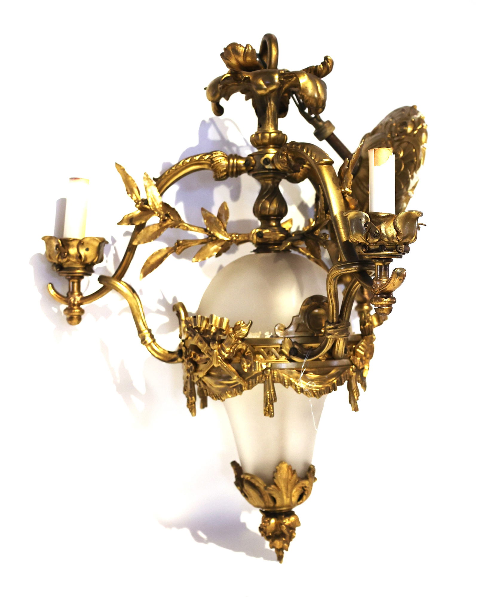 Antique French Bronze Satin Glass Pendant Hanging Fixture Quality Heavy Bronze Casting: Antique French Bronze Satin Glass Pendant Hanging Fixture Quality Heavy Bronze Castingl Size: Hangs 29 inches; fixture 21.5 inches length x 16.5 inches diameter