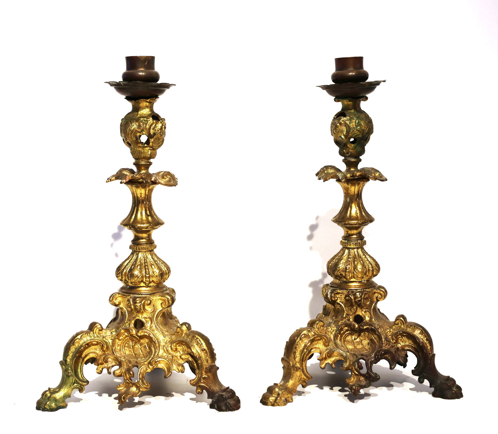 Pair Antique 19th-century French Bronze Ormolu Candlesticks in Rococo or Baroque style 12 in. height (1 of 5)