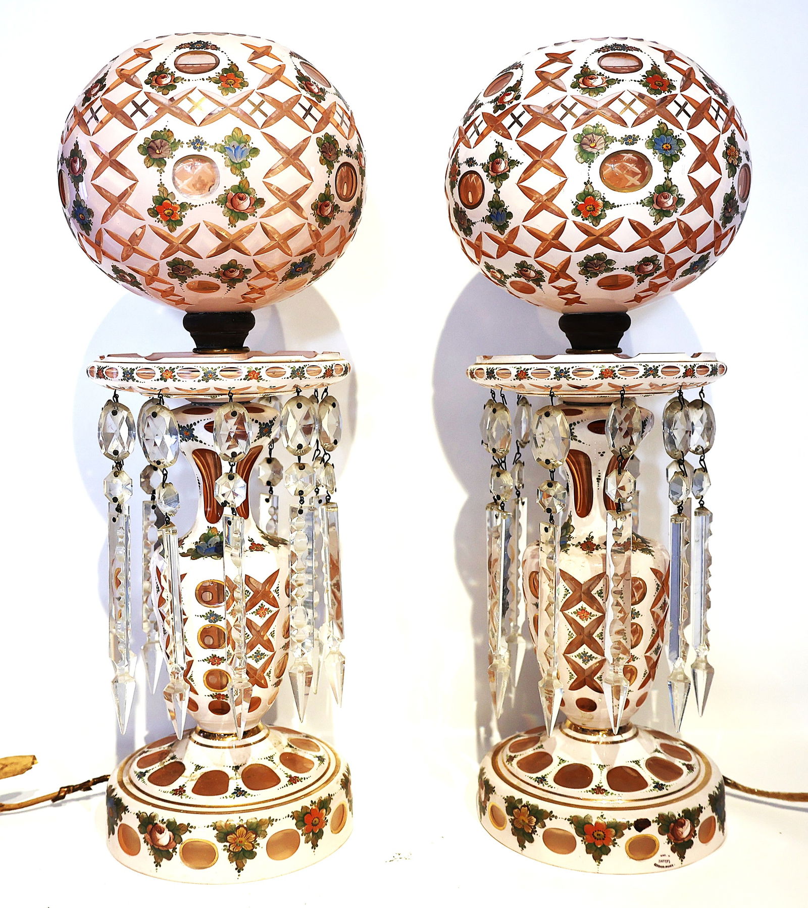 Pair Antique Bohemian White Overlay Glass Lusters with Unusual Rare Ball Shades 22 in. height: Pair Antique Bohemian White Overlay Glass Lusters with Unusual Rare Ball Shades 22 in. height. Size: 22 inches height, 7 1/2 inch diameter shade, 7 inch diameter base