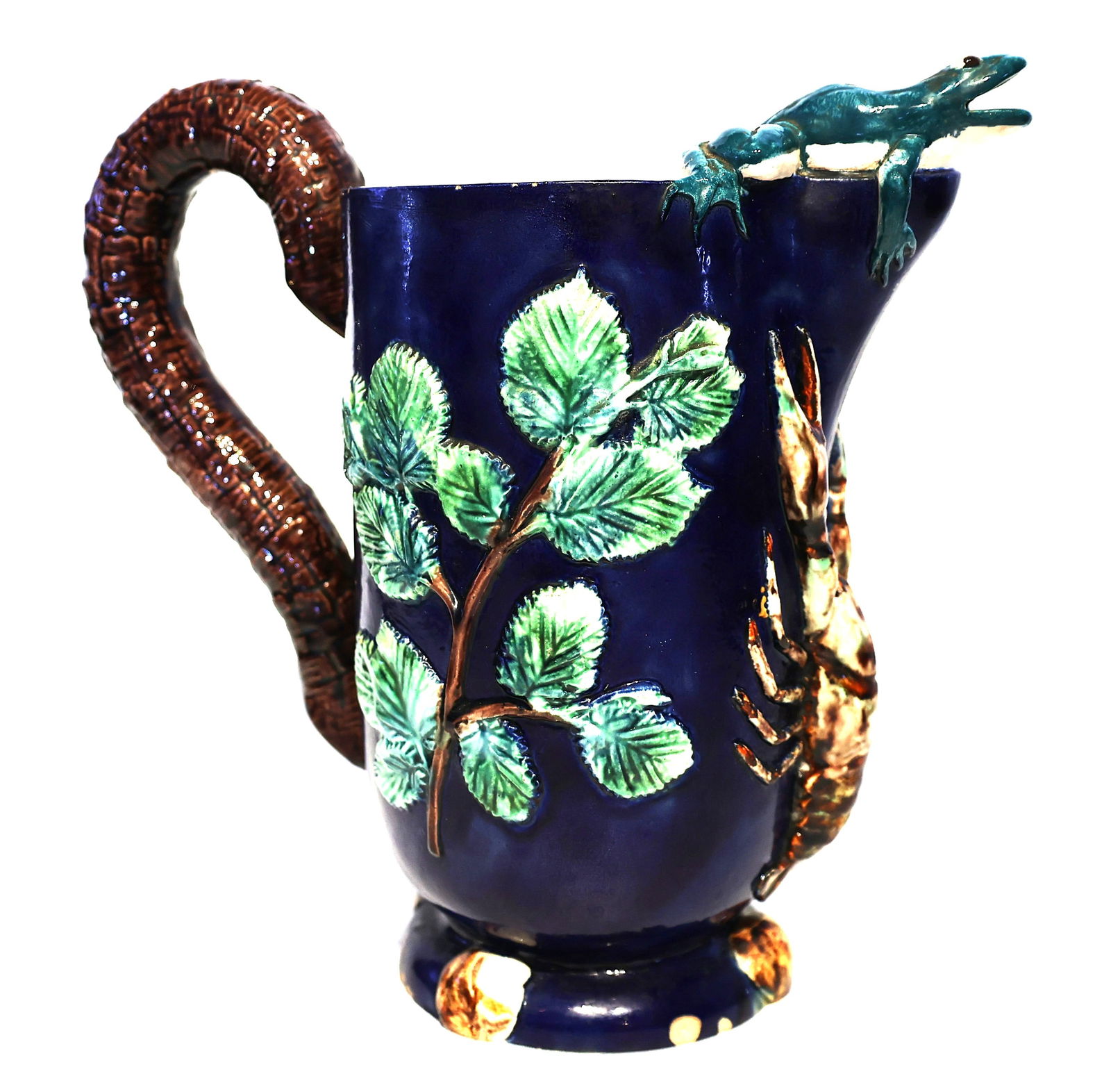 Rare Cobalt Blue Majolica Pitcher Molded Green Leaves, Rich Blue Body, Frog on Spout, Lobster (1 of 9)