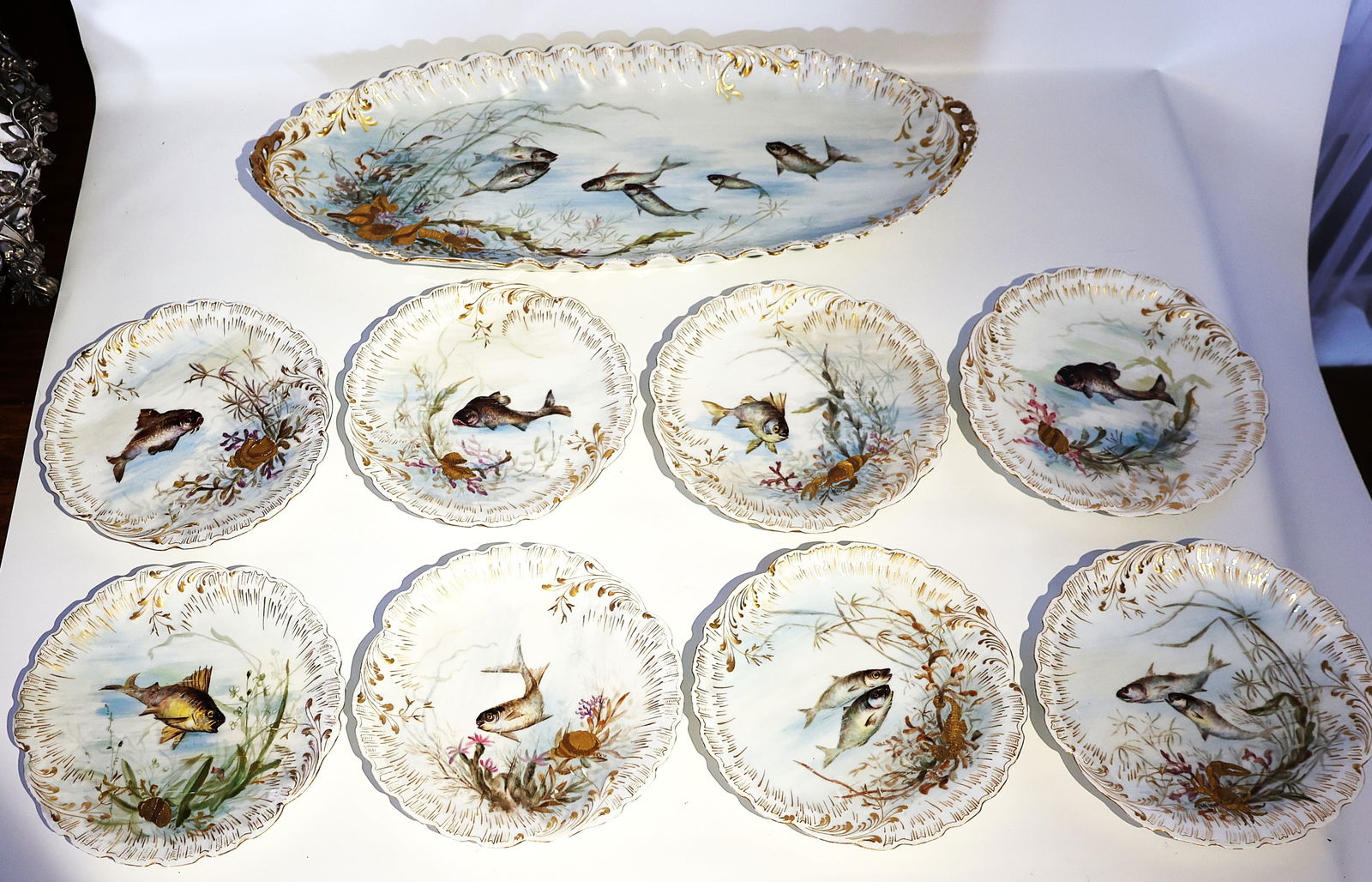 Martial Redon [MR] Limoges Antique Large Fish Platter with 8 Matching Fish Plates (1 of 6)