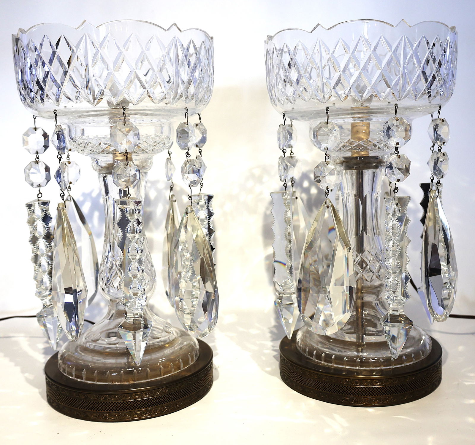 Pair Quality Antique Crystal Glass Lustres Adorned with Large Cerystal Prisms 15.75 inches height (1 of 4)