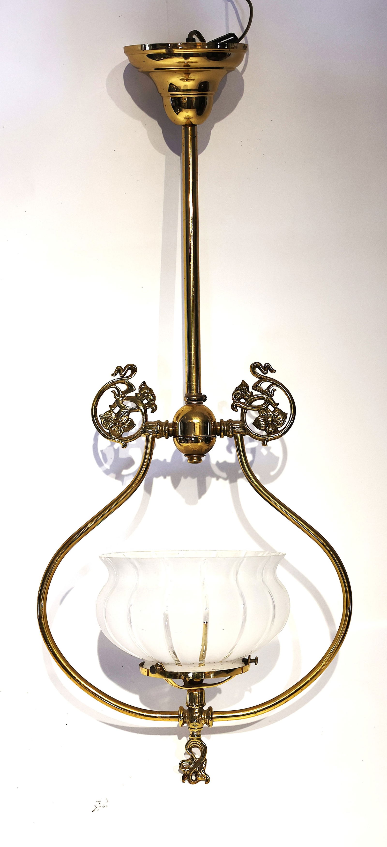 Brass Electrified Hanging Fixture with Harp and Center Glass Shade, Wiring Good. (1 of 5)