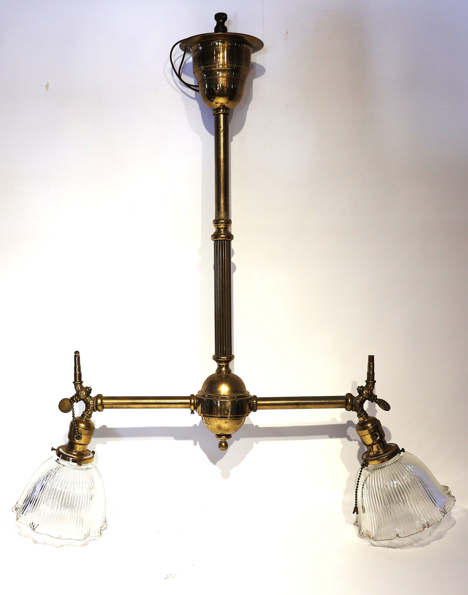 Brass Frame Gas and Electric Hanging Fixture, 2-Light with Glass Holophane Shades (1 of 7)