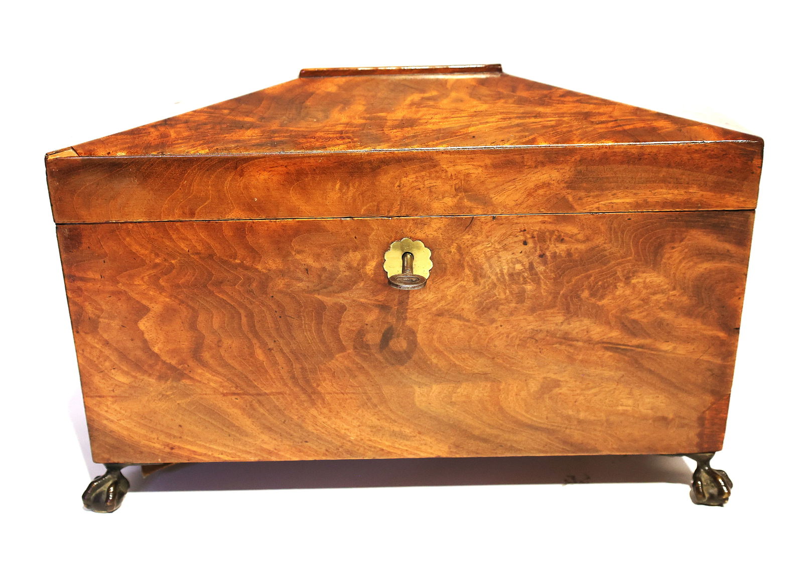 Antique Regency-era Sarcophagus-shaped Tea Caddy in Mahogany Veneers, 19th C. (1 of 7)