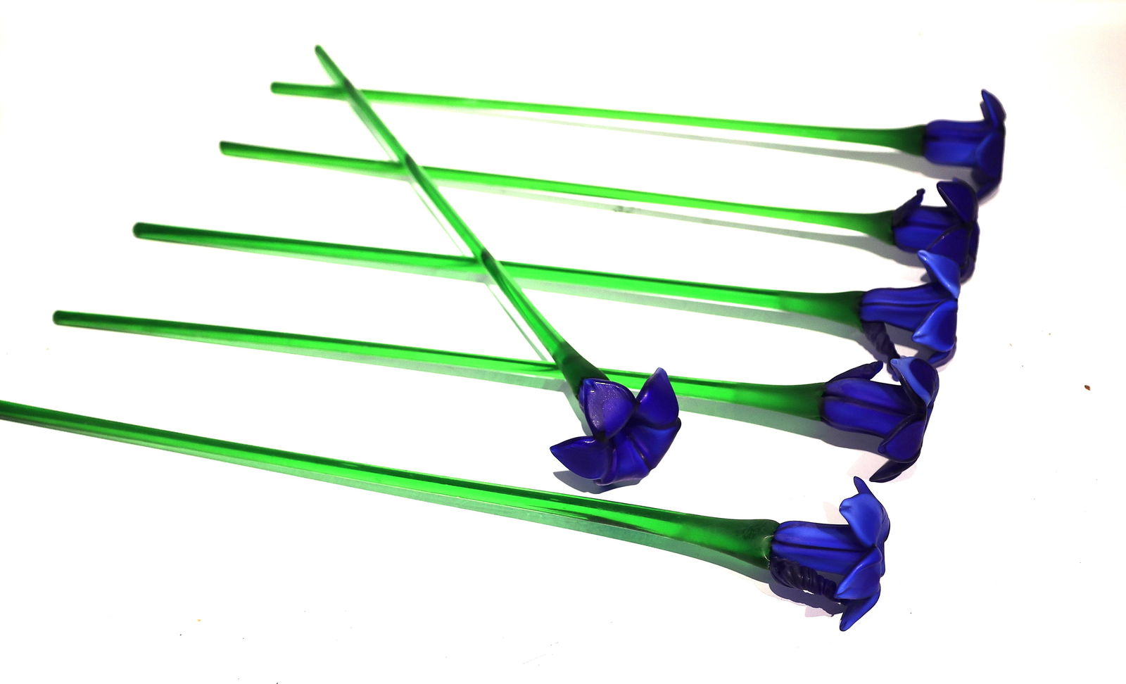 Murano Set of 6 Handmade Art Glass Flowers Featuring Blue Blossoms and Green Stems 19.5 in. (1 of 6)