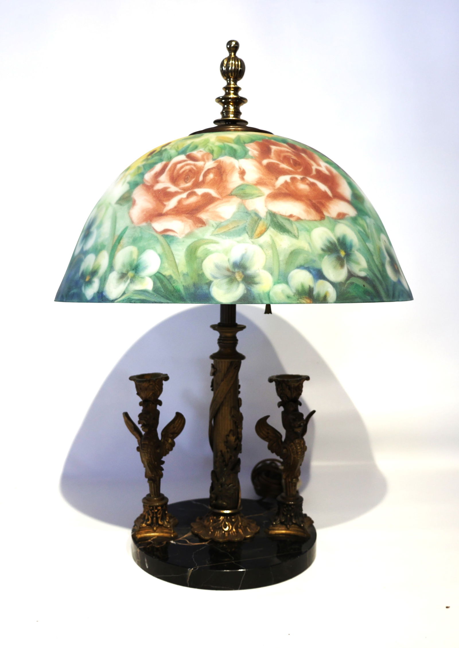 Bronze Winged Griffins on Marble Base, Reverse Painted Floral Glass Shade Table Lamp (1 of 5)