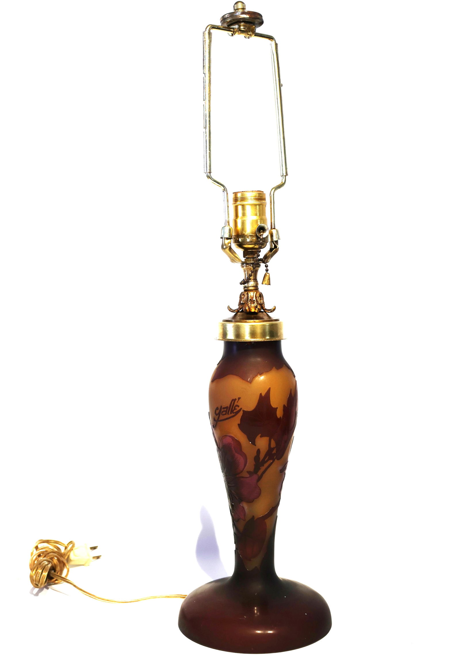 Emile Gallé style Cameo Glass Table Lamp Base featuring Art Nouveau Floral Designs, Signed Galle: Emile Gallé style Cameo Glass Table Lamp Base featuring Art Nouveau Floral Designs, Signed Galle; Size: 24 inches overall height, 11 1/2 inches heoght of glass only. 6 inches diameter base
