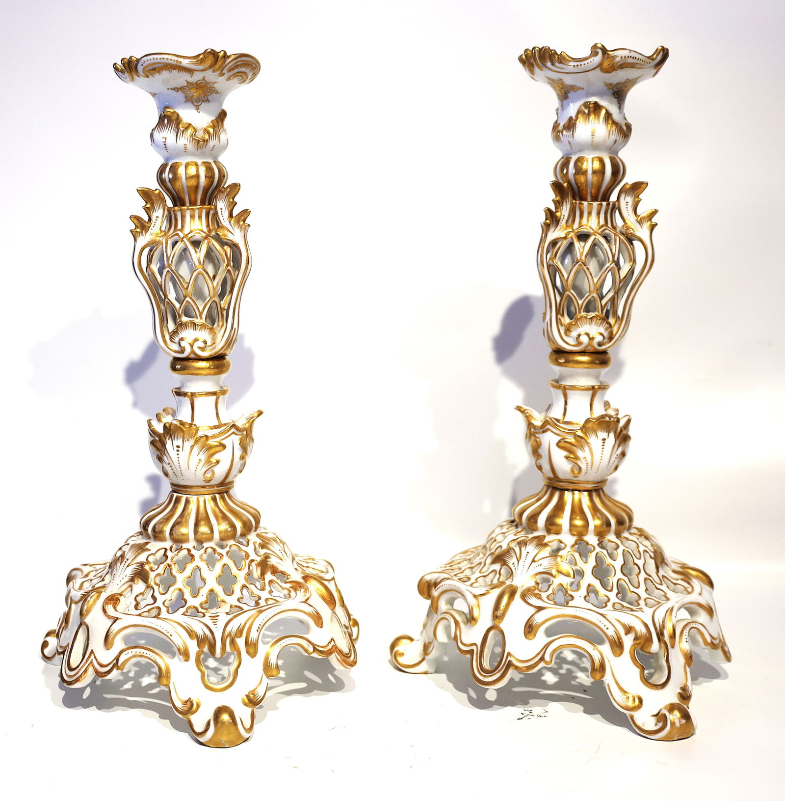 Meissen? Pair Tall White Porcelain with Gold Gilt Decoration Candlesticks, Blue Crossed Sword (1 of 7)