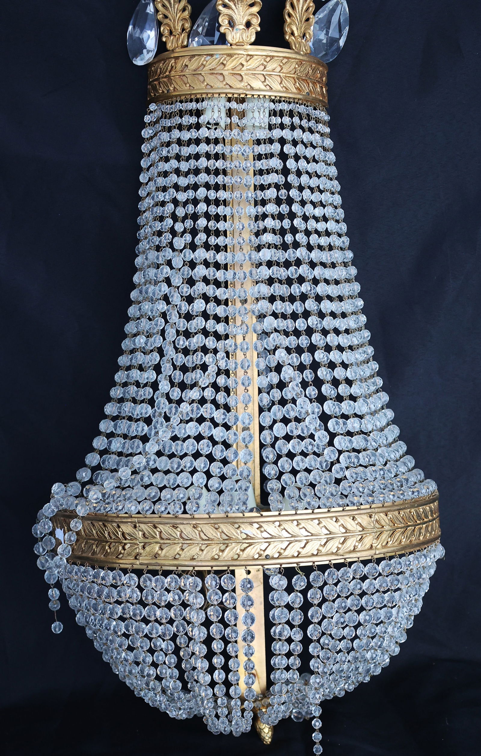 vintage French Empire style "basket" or "tent and waterfall" Wall Sconce Small Crystal Beads: vintage French Empire style "basket" or "tent and waterfall" Wall Sconce, featuring a brass or gilt bronze frame adorned with hundreds of small crystal beads and larger crystal drops' Size: 28 inches