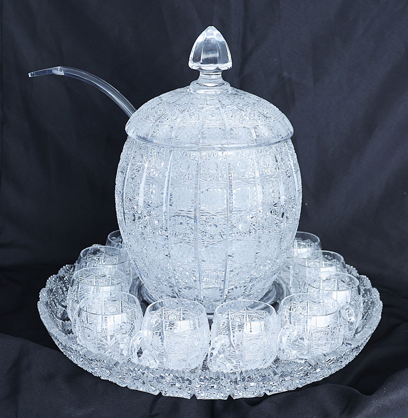 Spectacular Queen Lace Bohemian Lead Crystal Punch Bowl Set with Cover, Tray, 12 Cups, Ladel (1 of 5)