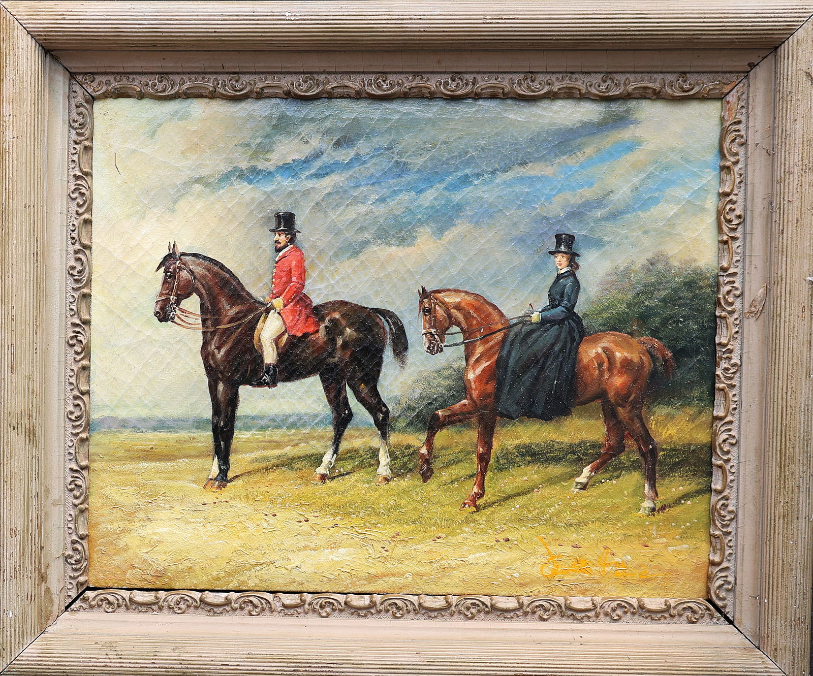 Equestrian Riders on Horses in Landscape Vintage Oil on Canvas Painting, Framed (1 of 4)