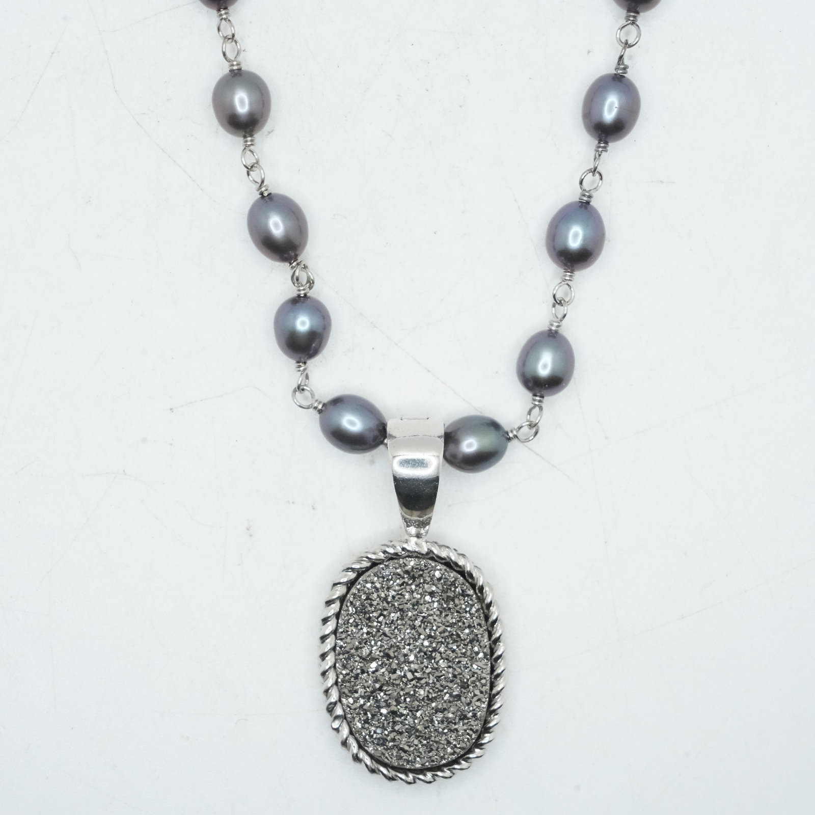 .925 Sterling Freshwater Cultured Baroque Pearls Necklace 34 inches with .925 Geode Pendant: .925 Sterling Freshwater Cultured Baroque Pearls Necklace 34 inches x 1/4 in. with .925 Geode Pendant 1 3/4 in. x 7/8 in.