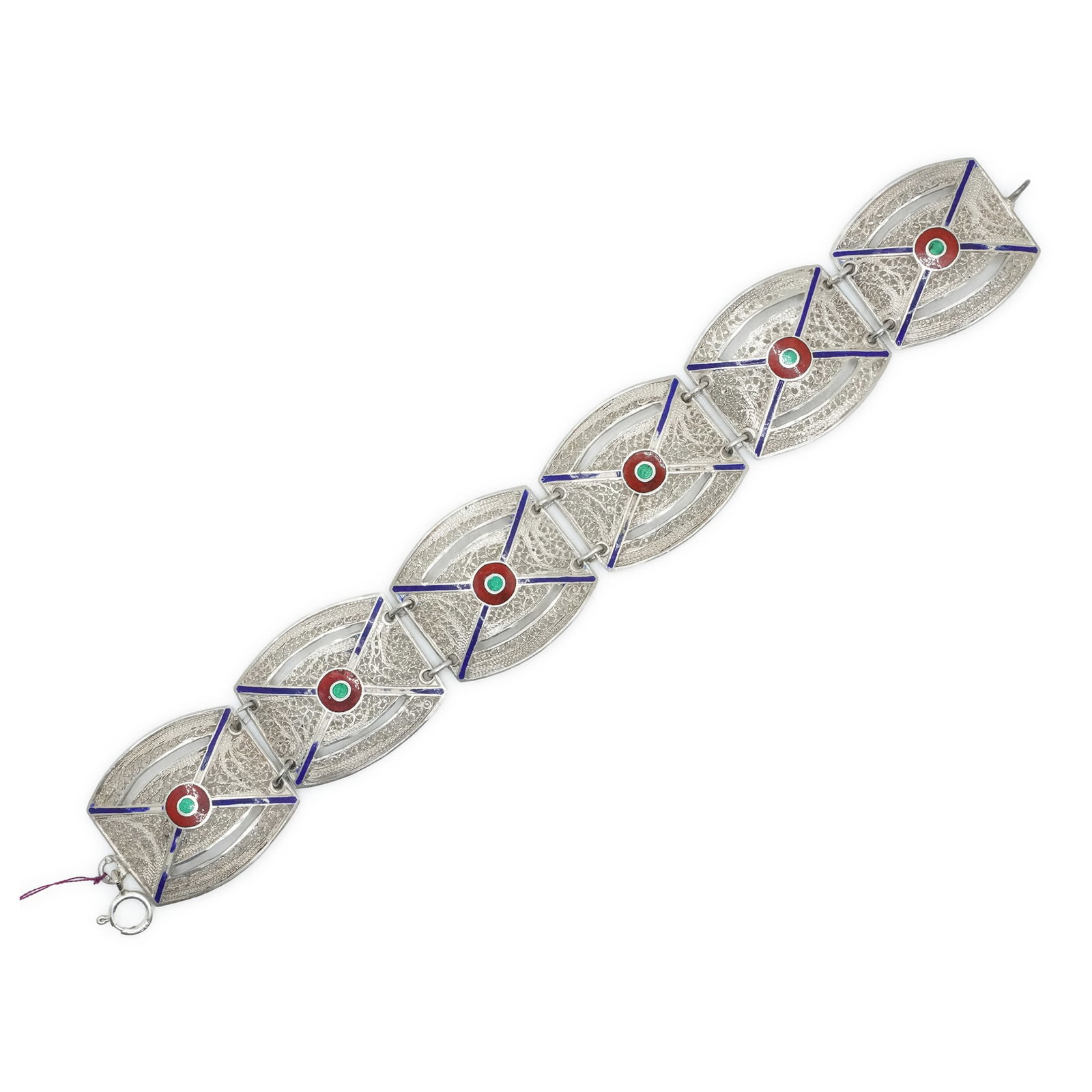 22.43 Grams .925 Sterling Silver Stunning Detailed Open Filigree with Enameling Accents Bracelet: 22.43 Grams .925 Sterling Silver Stunning Detailed Open Filigree with Enameling Accents 6-Panel Bracelet. Size 7 in. x 1 in.