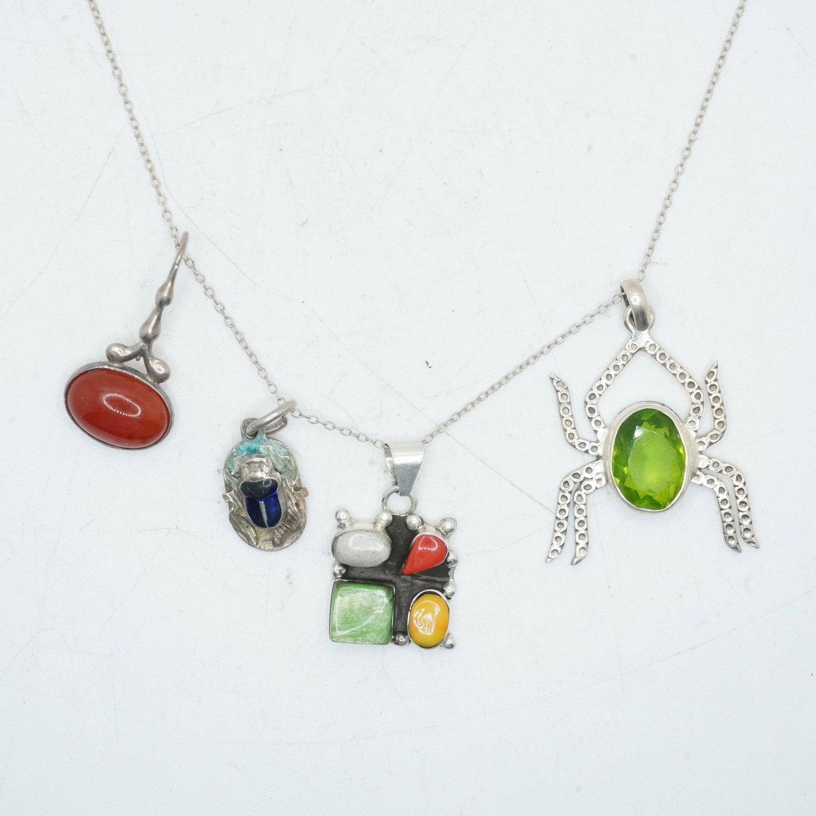 12.25 Grams Sterling Silver 4 Pendants Necklace: Spider with Peridot Body, Scarab, Carnelian, (1 of 10)