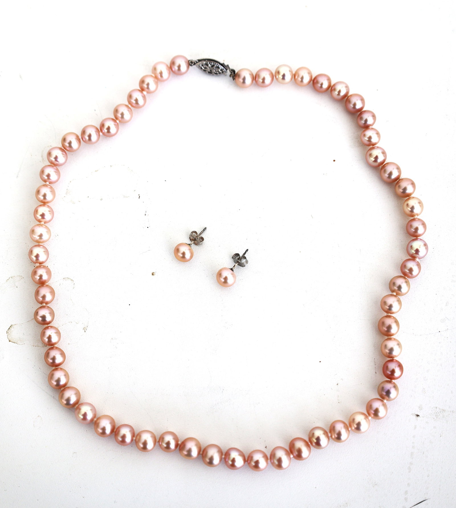 .925 Sterling Clasp 8mm Freshwater Cultured Pink Pearls Necklace and Earrings: .925 Sterling Clasp 8mm Freshwater Cultured Pink Pearls Necklace 18 in. x 1/4 in. and Earrings 1/4 in.