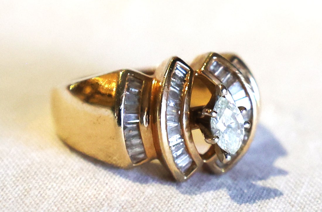 6.14 DWT 14K Yellow Gold Diamond Marquise Engagement Ring Size 7 with Baguettes Flanking (1 of 6)