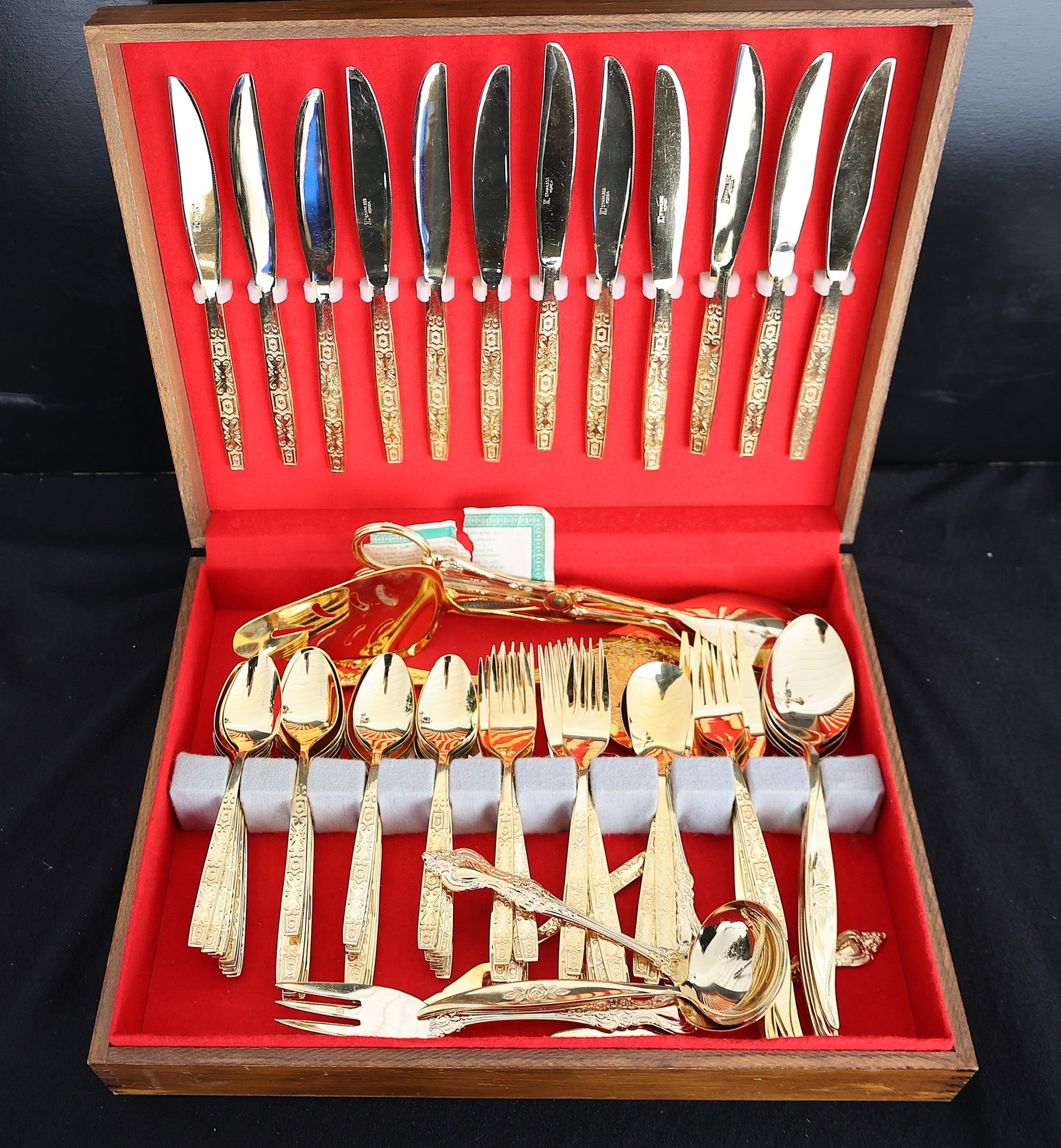 Set of Orleans Korea Gold-Tone Flatware, Gold Electroplated Stainless Sreel Cutlery in Wood Box (1 of 6)