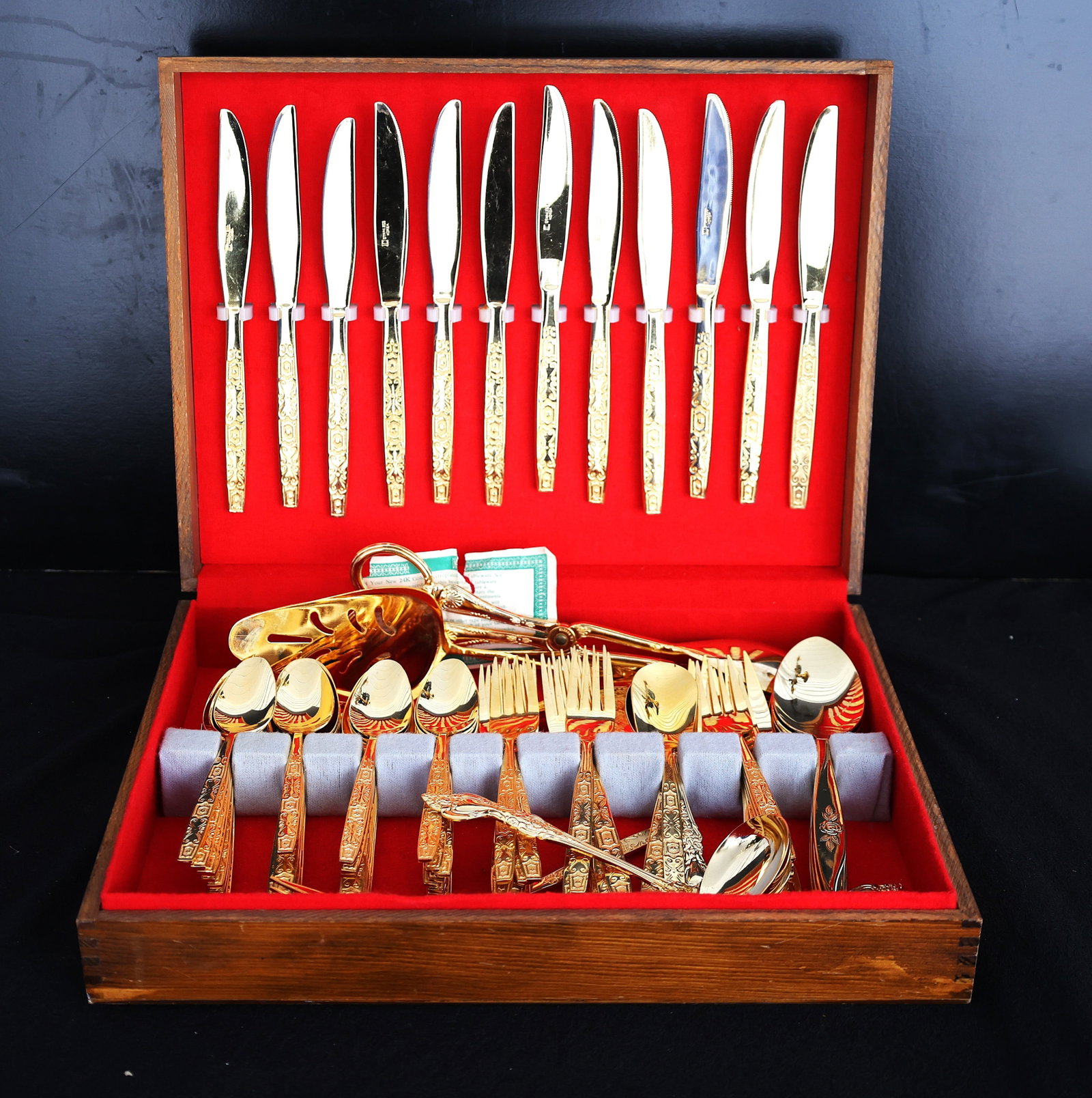 Set of Orleans Korea Gold-Tone Flatware, Gold Electroplated Stainless Sreel Cutlery in Wood Box - 2