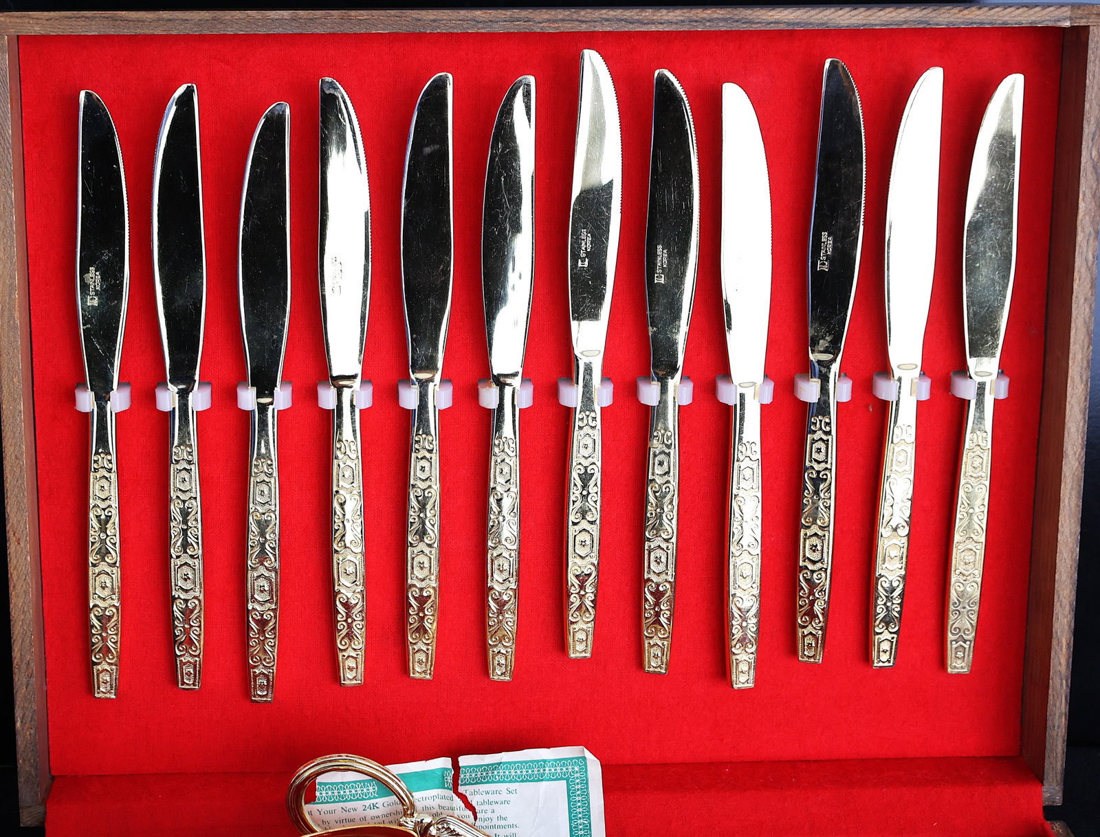 Set of Orleans Korea Gold-Tone Flatware, Gold Electroplated Stainless Sreel Cutlery in Wood Box - 4