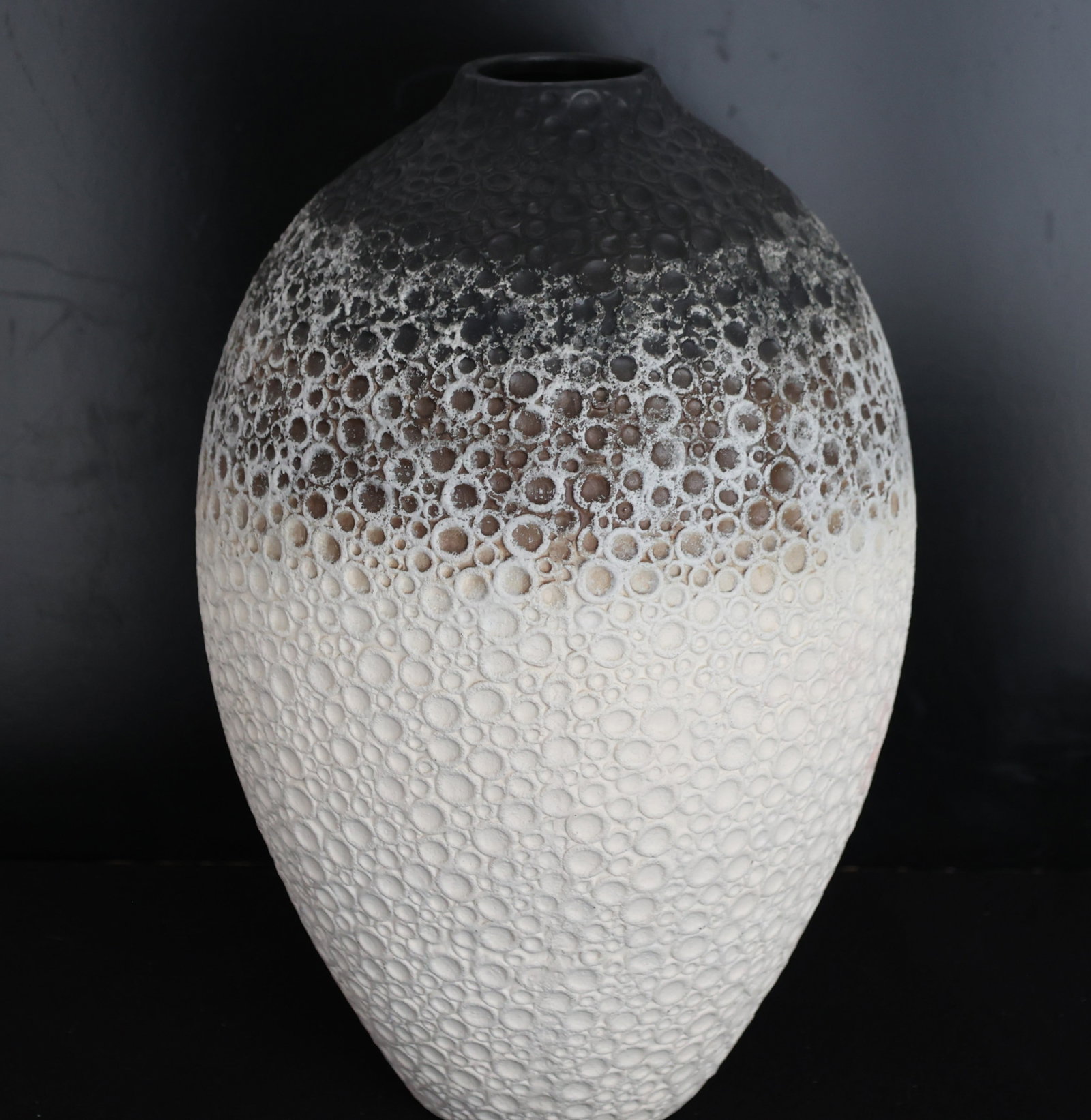 Celestial Vase in an Ombre Finish, Black Reactive Glaze over a White Base, Inverted Bubble Texture (1 of 4)