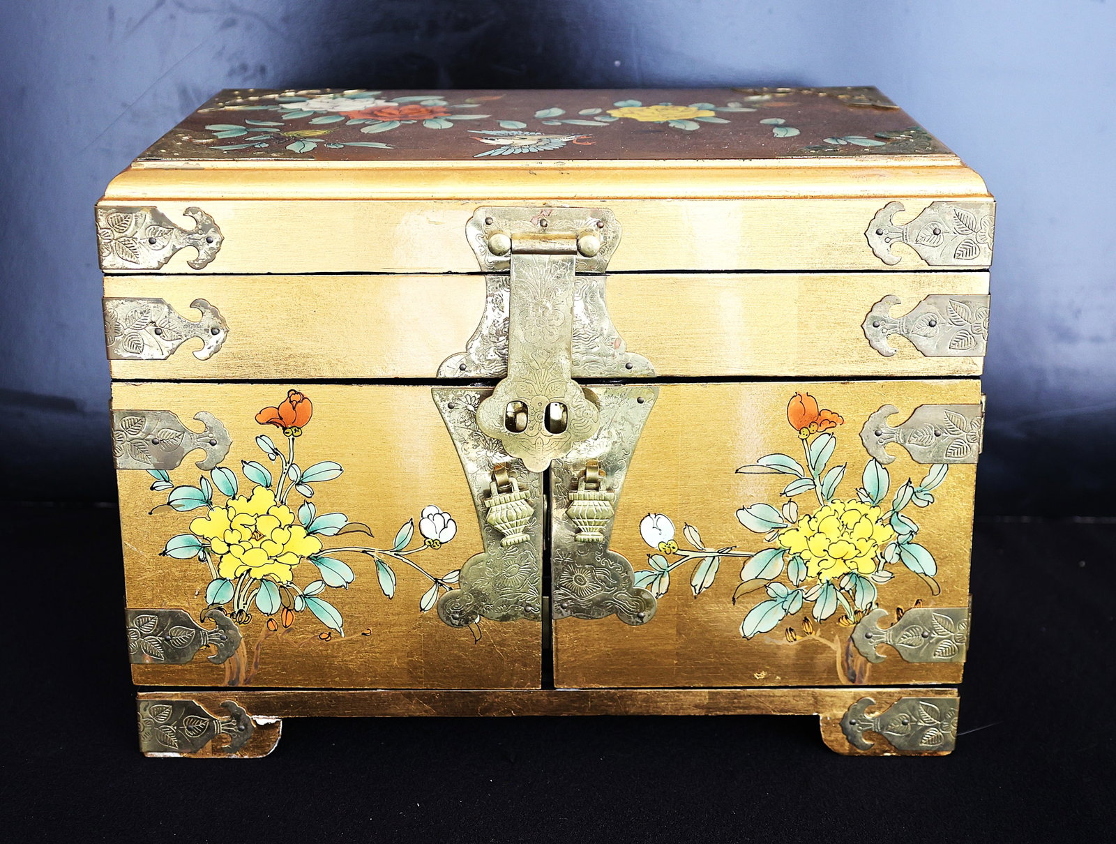 Gold Gilt Lacquered Chinese Jewelry Box Chest with Brass Hardware, Hand Painted Flowers (1 of 5)