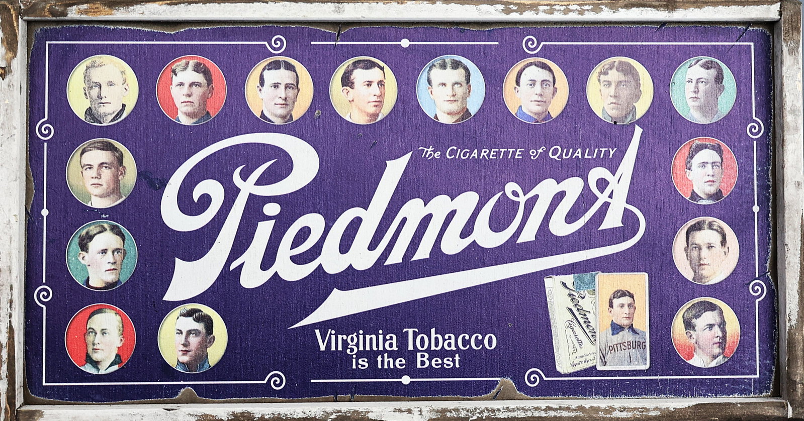 Printed Wooden Sign Piedmont Cigarettes, Virginia Tobacco, Baseball Players Surrounding Border (1 of 3)