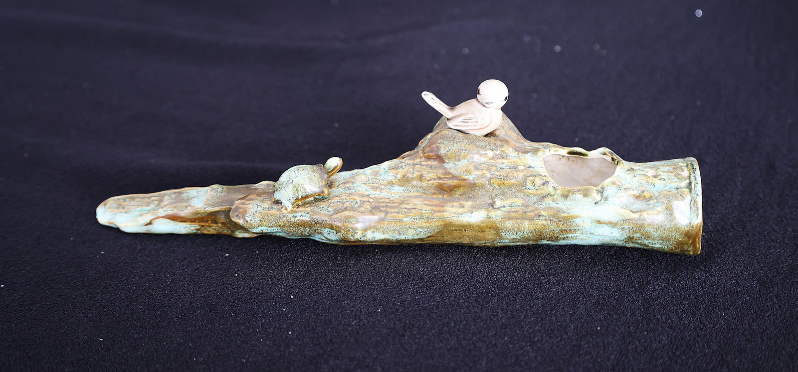 Unique Majolica Figural Log Vase with Bird and Turtle 9 1/2 inches length (1 of 6)