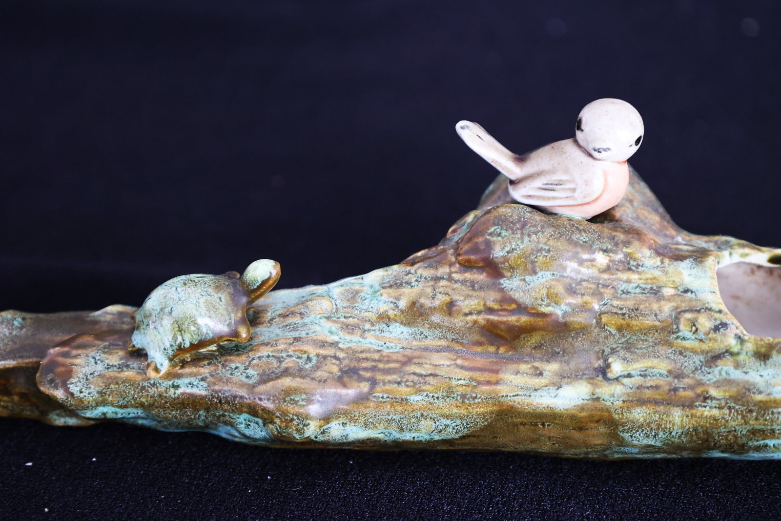 Unique Majolica Figural Log Vase with Bird and Turtle 9 1/2 inches length - 2