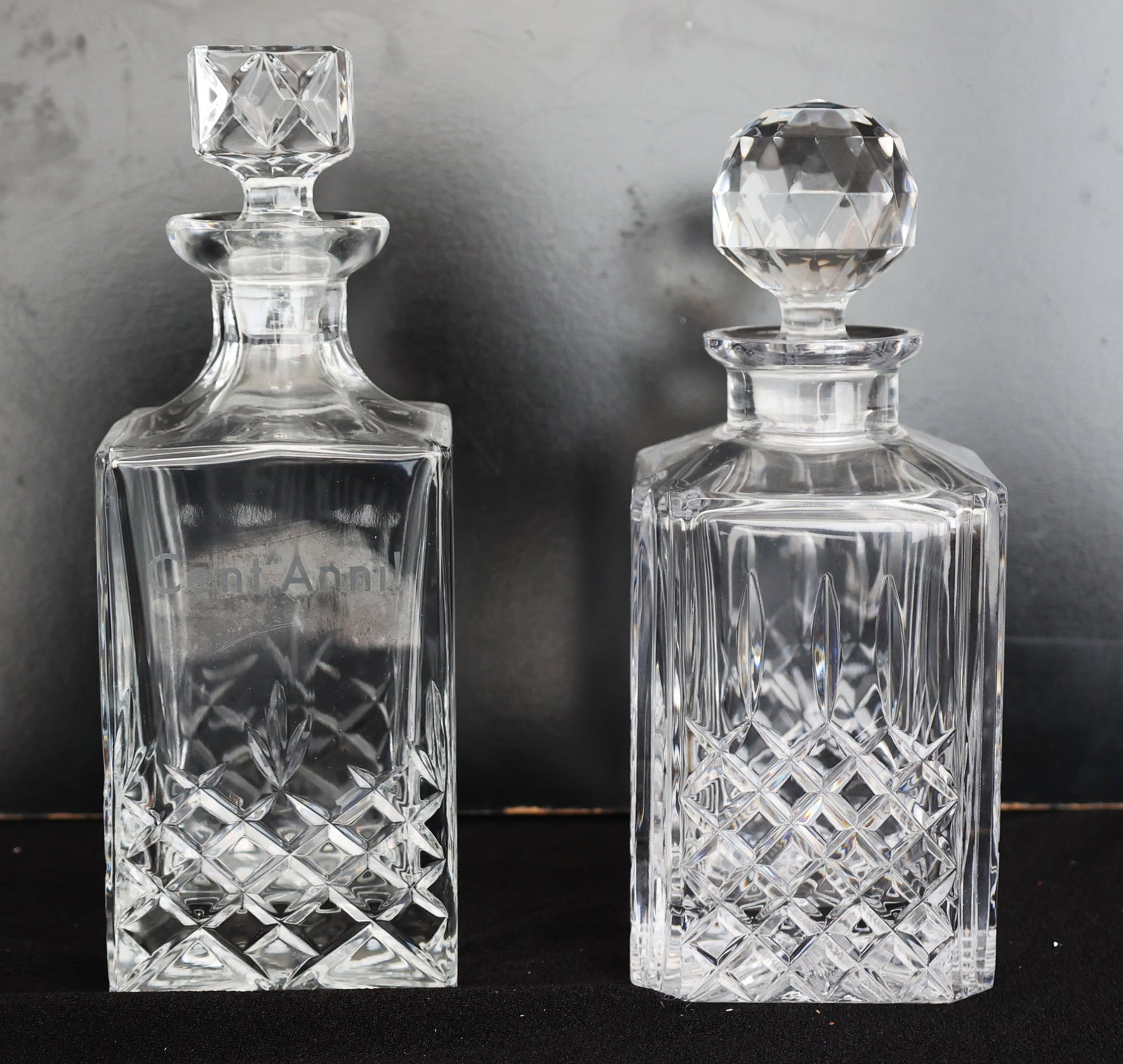 2 Vintage Cut Crystal Square Liquor Decanters, Cross-Hatch / Diamond-Cut Patterns. (1 of 4)