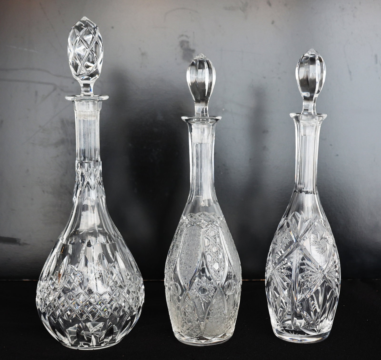 3 Vintage Cut Crystal Decanters Intricate Star and Fan Patterns, All 3 Have Stoppers (1 of 5)